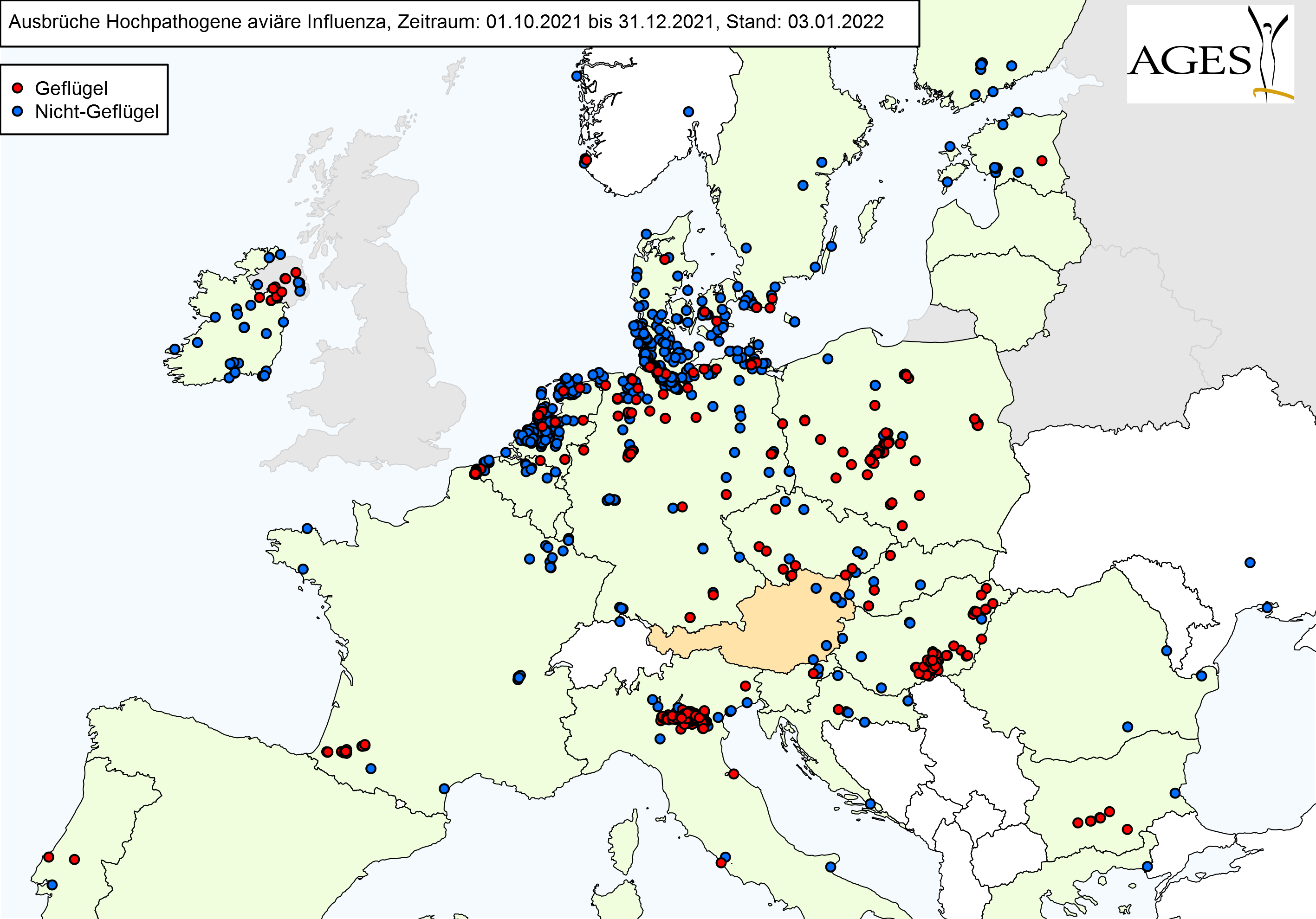 Europakarte zu HPAI-Fällen wie in "Situation in Europa" beschrieben.