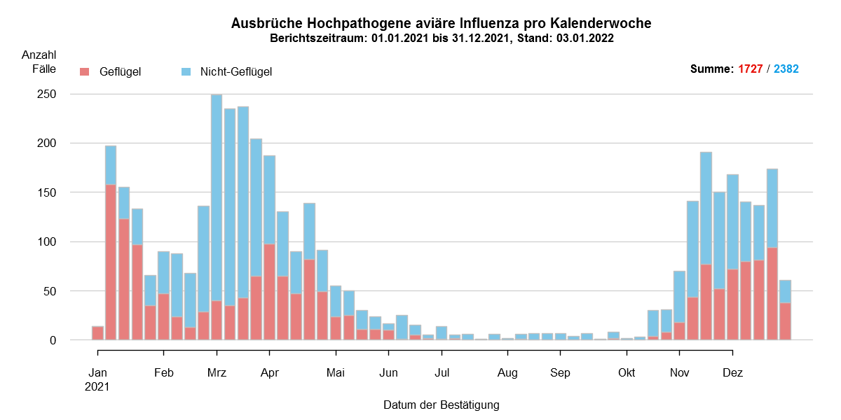 Verlaufsgrafik zu HPAI-Fällen in Europa: Im Zuge des Frühjahrzuges der Wildvögel im April und Mai wurden vermehrt Fälle bei Wildvögeln festgestellt. Mit Beginn des Herbstzuges ab November kam es zu einem drastischen Anstieg der Fälle bei Wildvögeln mit steigenden Fallzahlen auch beim Hausgeflügel. Im Januar kam es zu einem erneuten starken Anstieg der Fälle, wobei hauptsächlich Hausgeflügel betroffen war. Ab Februar sind hingegen sind wieder hauptsächlich Wildvögel betroffen. Die Fallzahlen steigen im März auf einen Höchststand im Seuchenverlauf. In den Sommermonaten entspannt sich das aktuelle Seuchengeschehen deutlich. Fälle von HPAI treten nur noch vereinzelt auf.