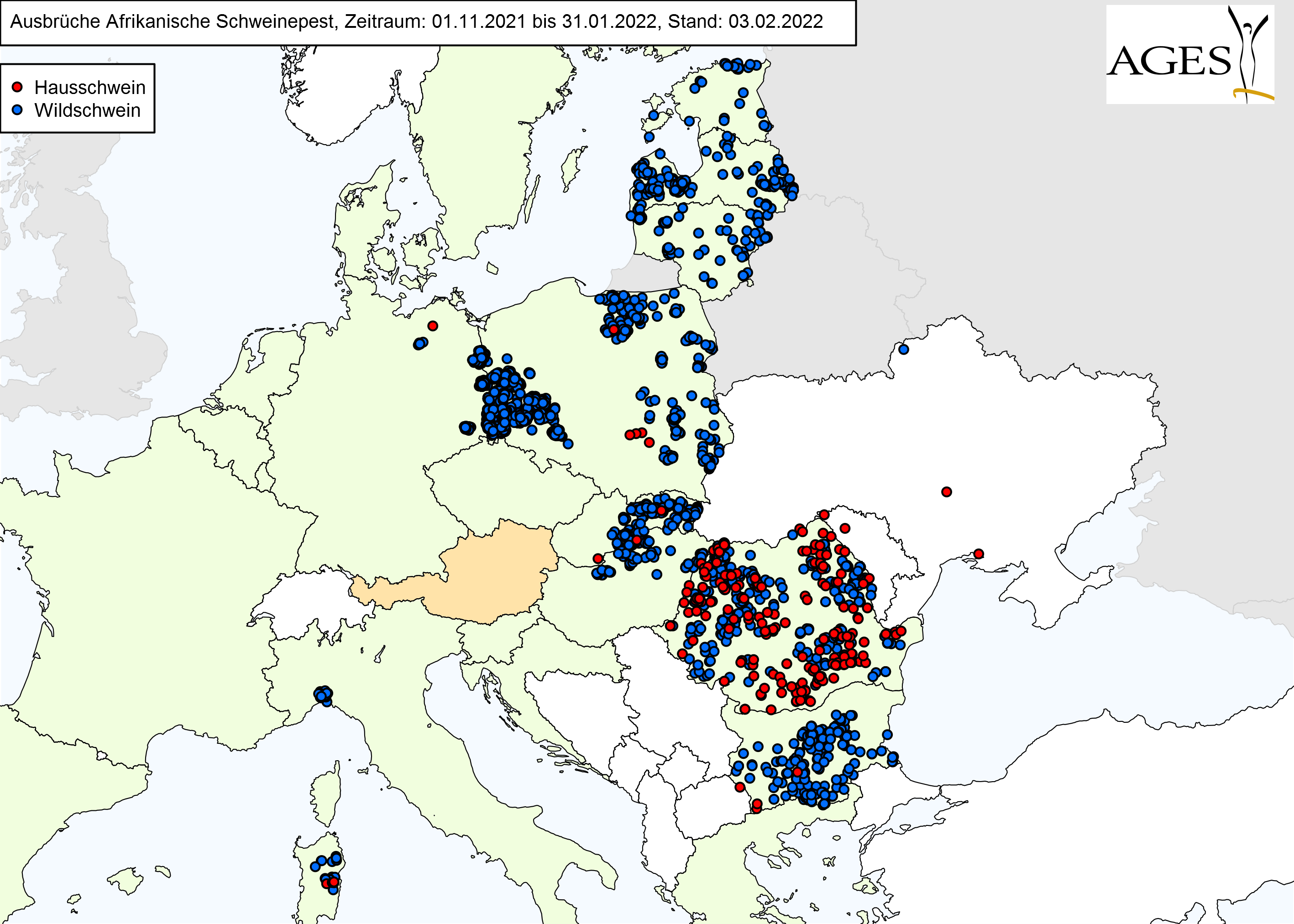 Europakarte zu ASP-Fällen wie in "Situation in Europa" beschrieben.