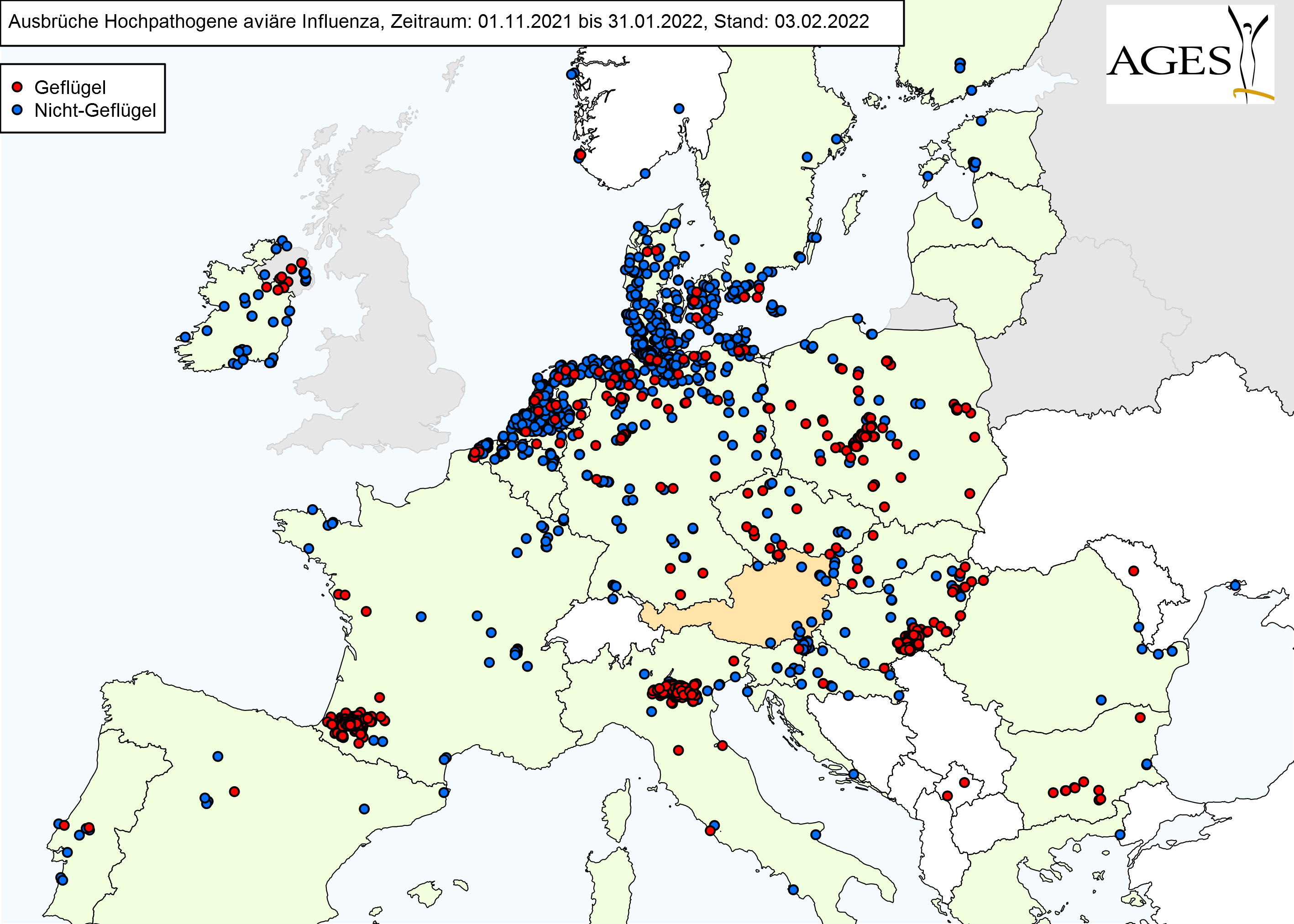 Europakarte zu HPAI-Fällen wie in "Situation in Europa" beschrieben.