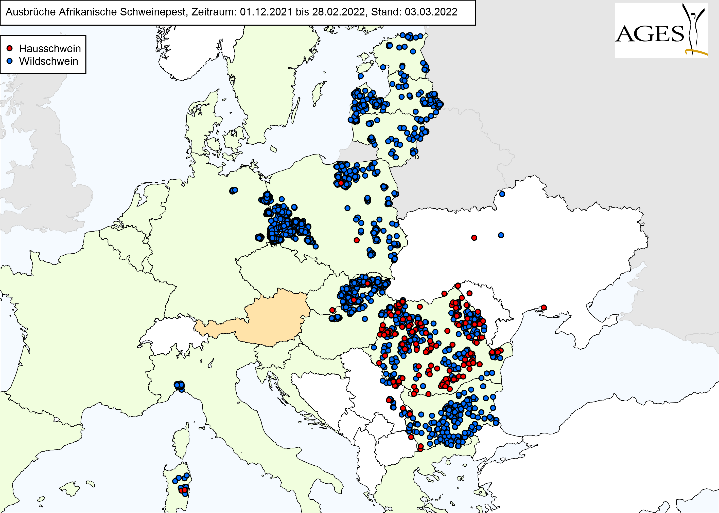 Europakarte zu ASP-Fällen wie in "Situation in Europa" beschrieben.