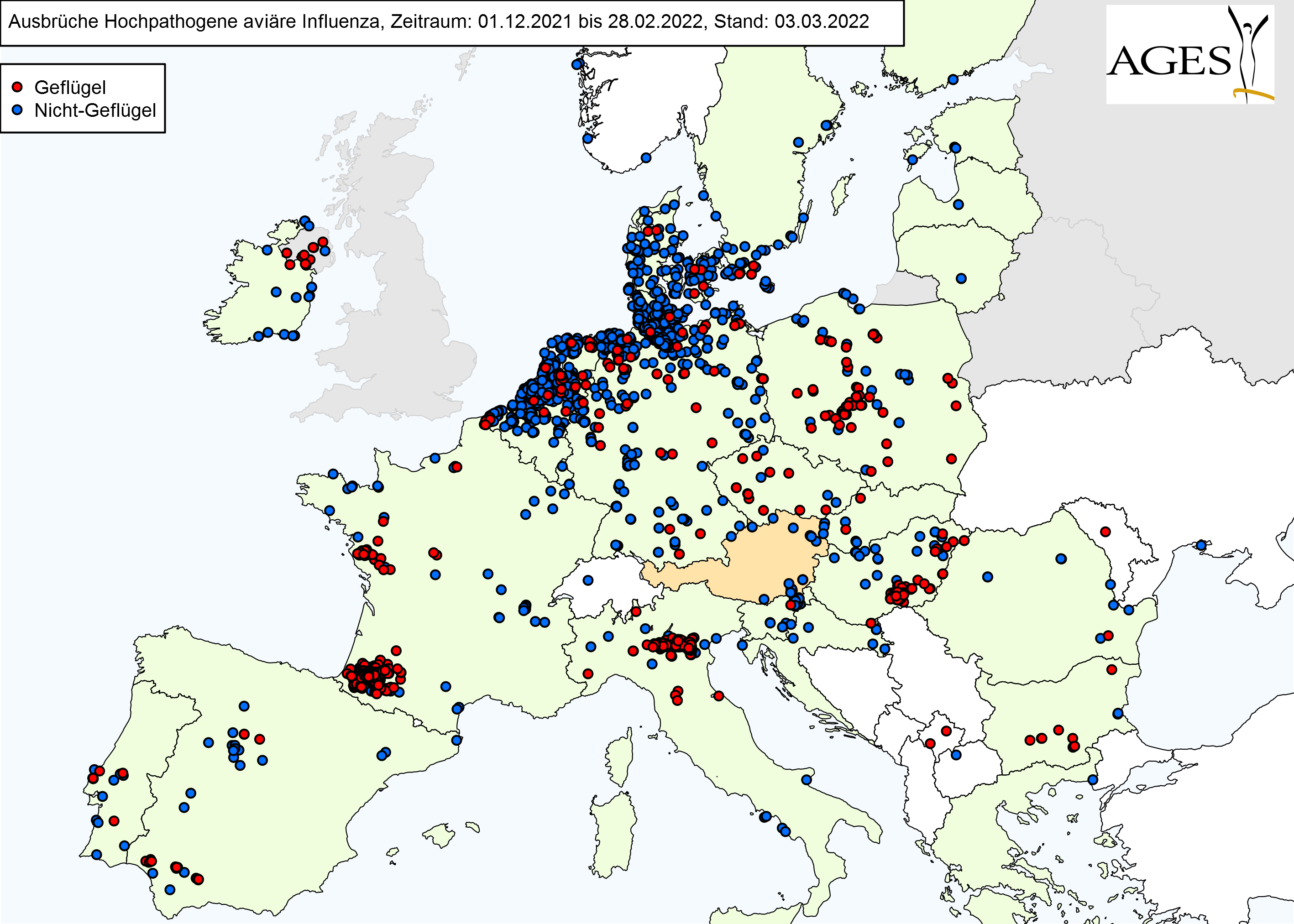 Europakarte zu HPAI-Fällen wie in "Situation in Europa" beschrieben.