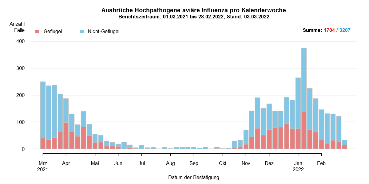 Verlaufsgrafik zu HPAI-Fällen in Europa: Im Zuge des Frühjahrzuges der Wildvögel im April und Mai 2021 wurden vermehrt Fälle bei Wildvögeln festgestellt. Auch in den Sommermonaten wurde durchgehend eine geringe Fallzahl von HPAI bei Nicht-Geflügel eingemeldet. Mit Beginn des Herbstzuges ab November 2021 kam es zu einem drastischen Anstieg der Fälle bei Wildvögeln mit steigenden Fallzahlen auch beim Hausgeflügel. Im Januar 2022 kam es zu einem erneuten starken Anstieg der Fälle, wobei hauptsächlich Wildvögel betroffen waren. Ab Februar sind hingegen die Fallzahlen wieder rückläufig.