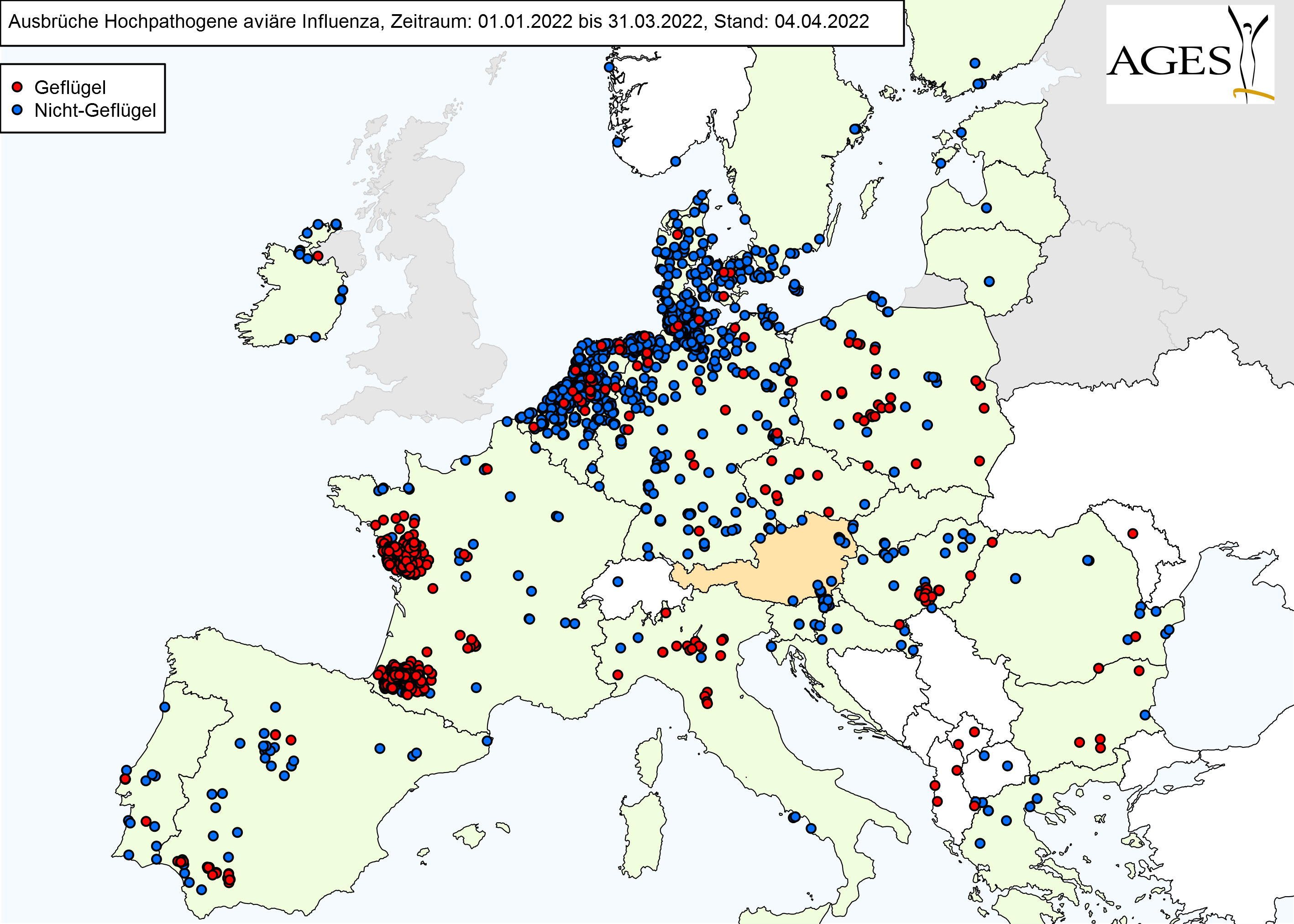 Europakarte zu HPAI-Fällen wie in "Situation in Europa" beschrieben.