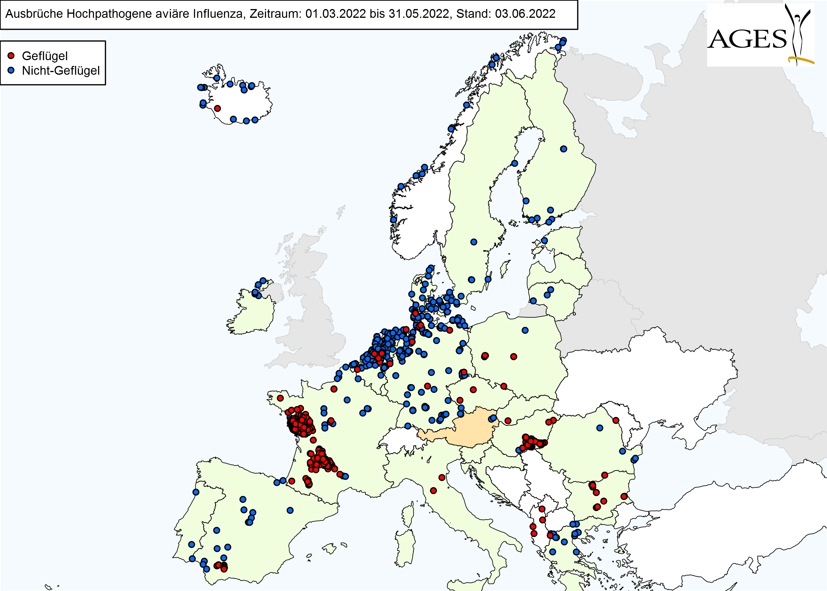 Europakarte zu HPAI-Fällen wie in "Situation in Europa" beschrieben.