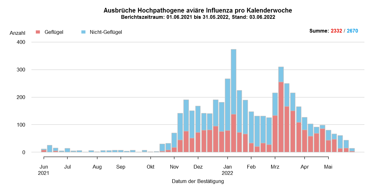 Verlaufsgrafik zu HPAI-Fällen in Europa: Im Zuge des Frühjahrzuges der Wildvögel im April und Mai 2021 wurden vermehrt Fälle bei Wildvögeln festgestellt. Auch in den Sommermonaten wurde durchgehend eine geringe Fallzahl von HPAI bei Nicht-Geflügel eingemeldet. Mit Beginn des Herbstzuges ab November 2021 kam es zu einem drastischen Anstieg der Fälle bei Wildvögeln mit steigenden Fallzahlen auch beim Hausgeflügel. Im Januar 2022 kam es zu einem erneuten starken Anstieg der Fälle, wobei hauptsächlich Wildvögel betroffen waren. Ab Februar sind die Fallzahlen wieder rückläufig, im März folgte ein starker Anstieg der Fallzahlen bei Geflügel durch zwei Cluster im Westen Frankreichs.