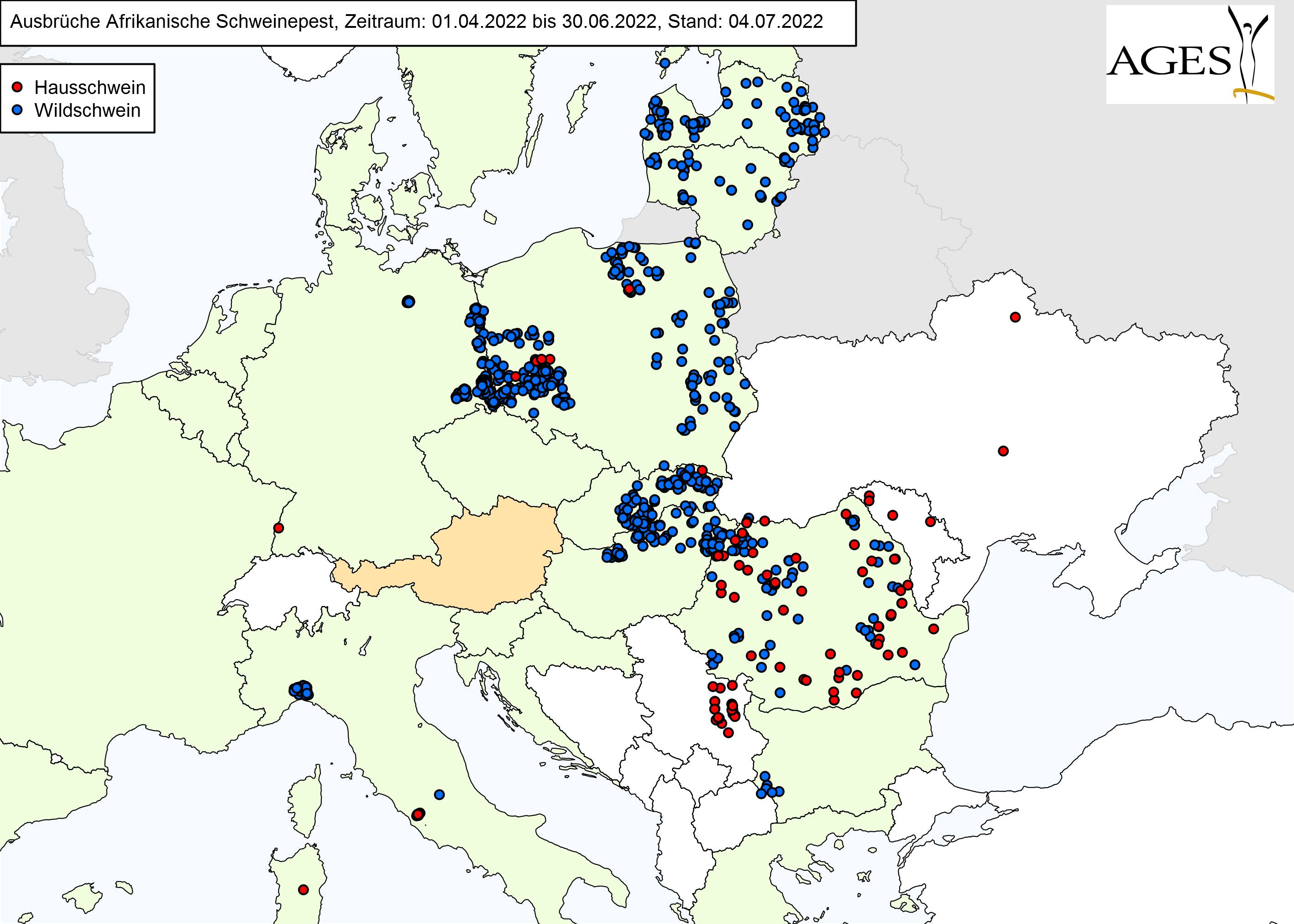 Europakarte zu ASP-Fällen wie in "Situation in Europa" beschrieben.