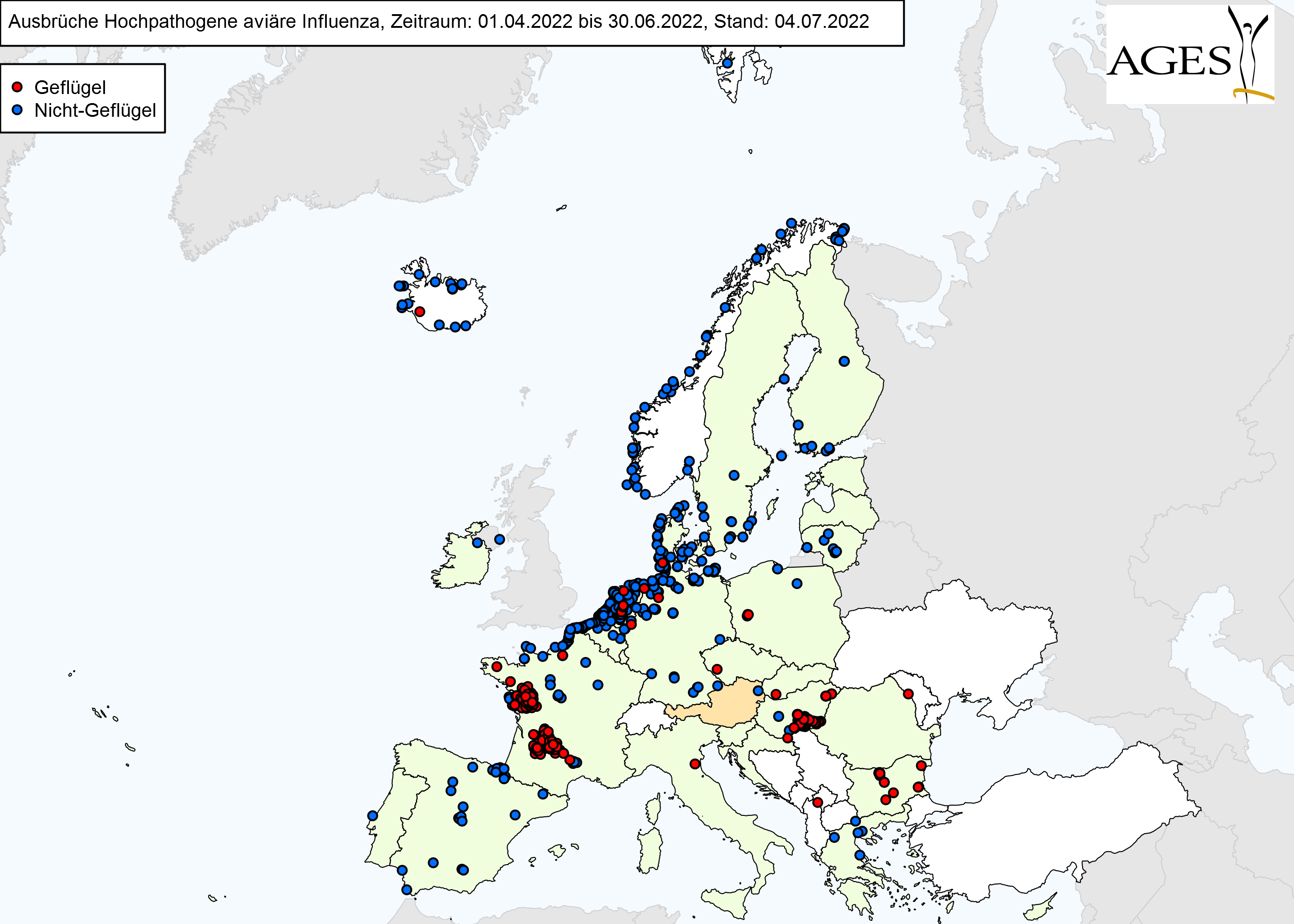 Europakarte zu HPAI-Fällen wie in "Situation in Europa" beschrieben.