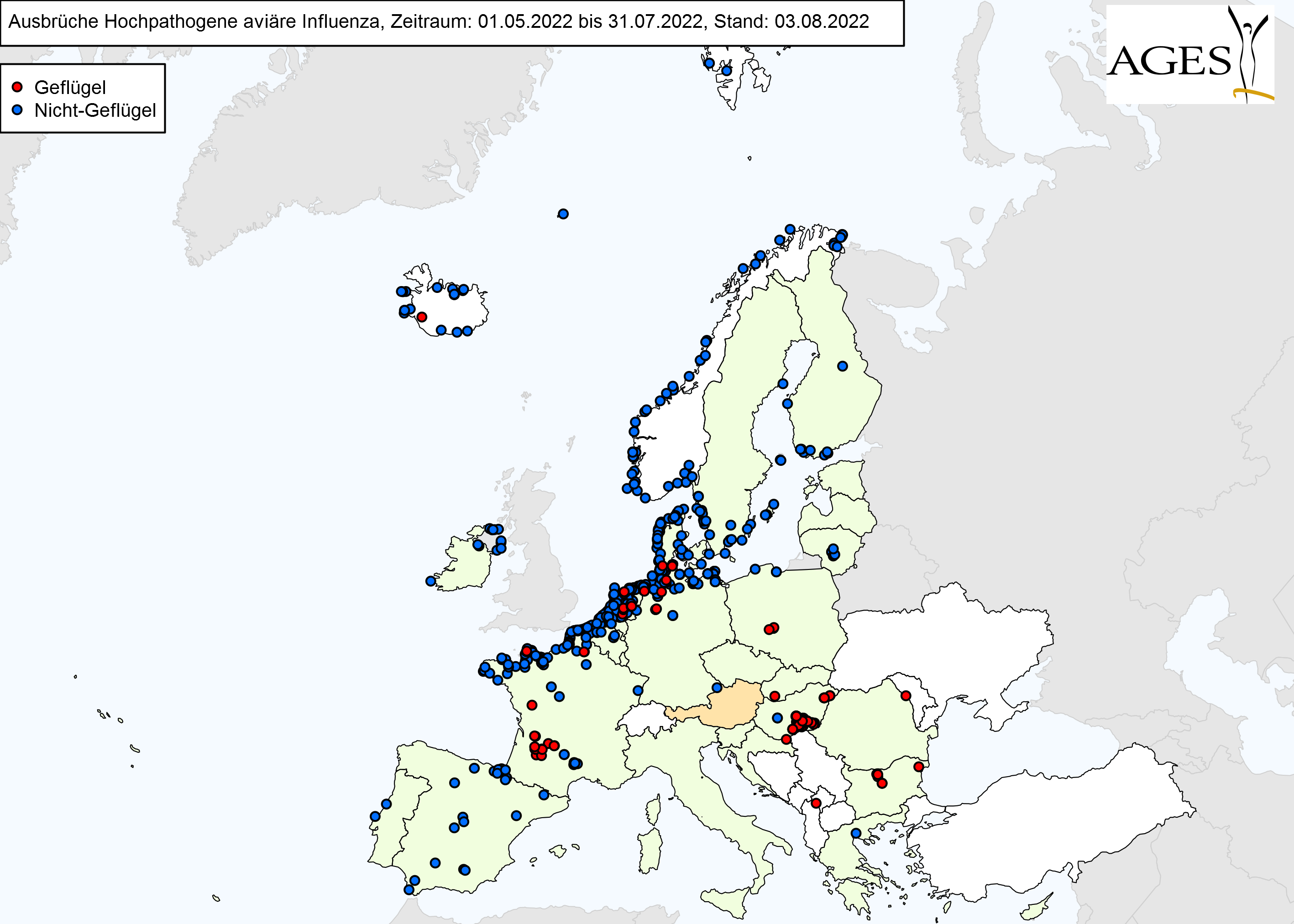 Europakarte zu HPAI-Fällen wie in "Situation in Europa" beschrieben.