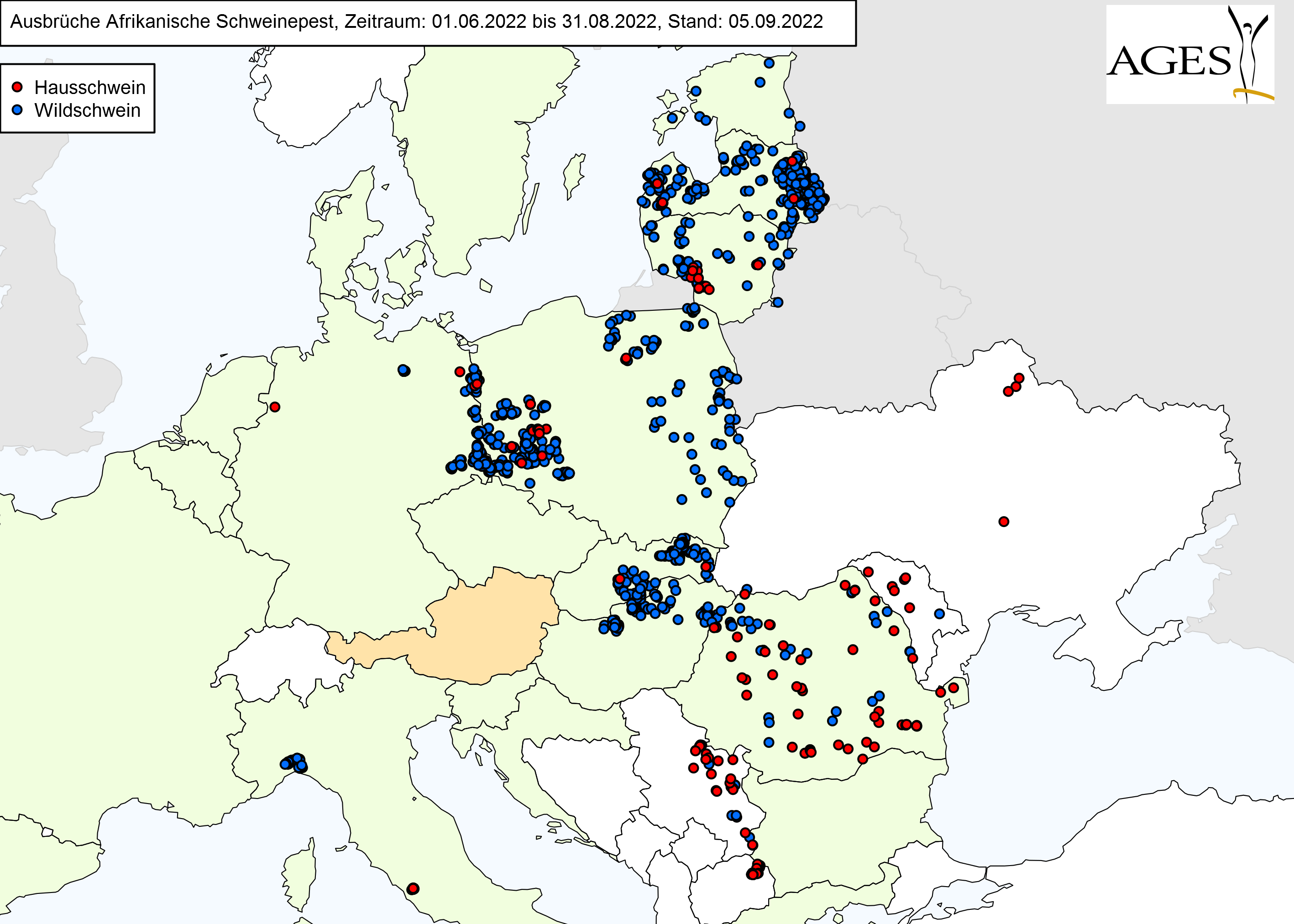 Europakarte zu ASP-Fällen wie in "Situation in Europa" beschrieben.