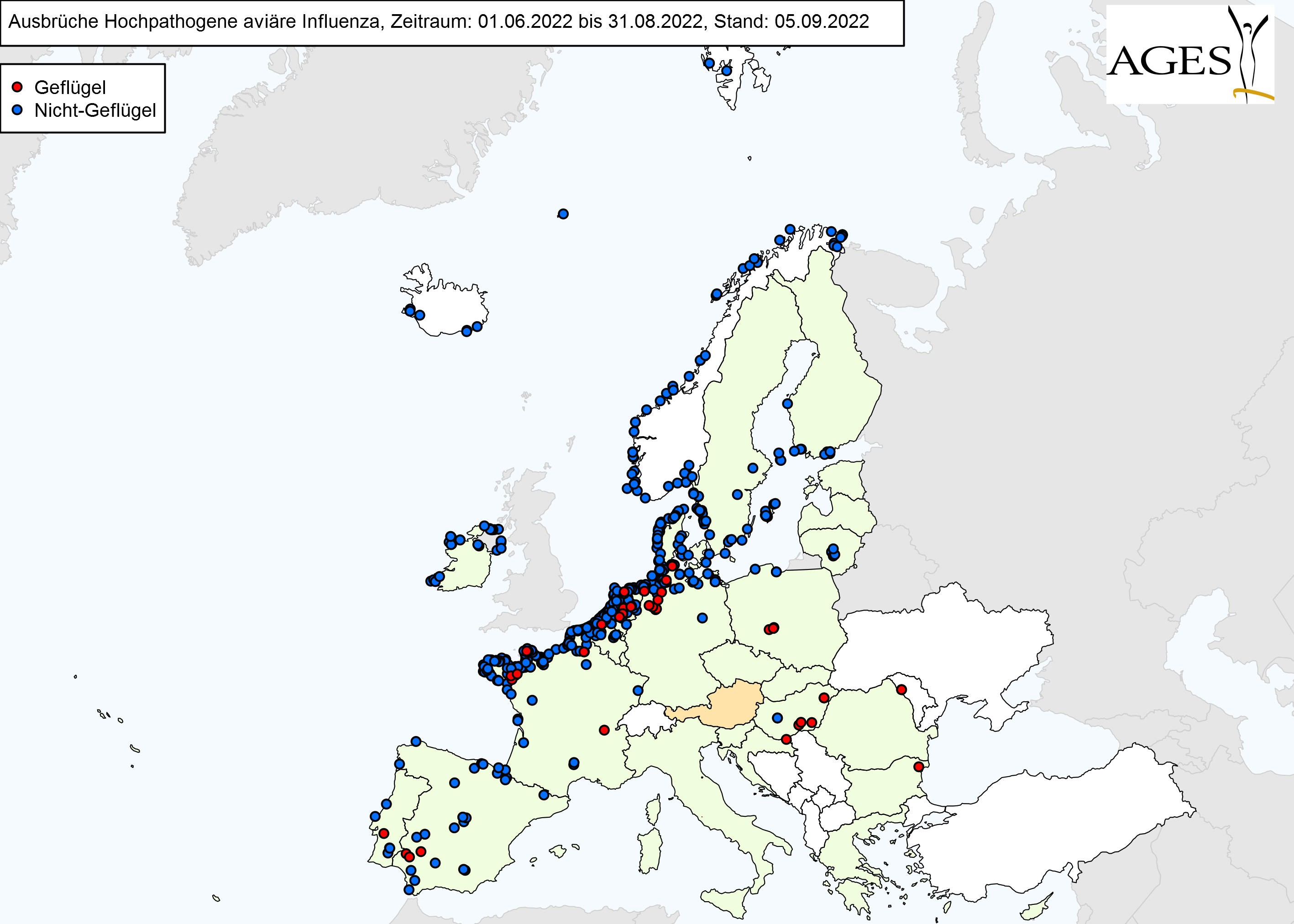 Europakarte zu HPAI-Fällen wie in "Situation in Europa" beschrieben.