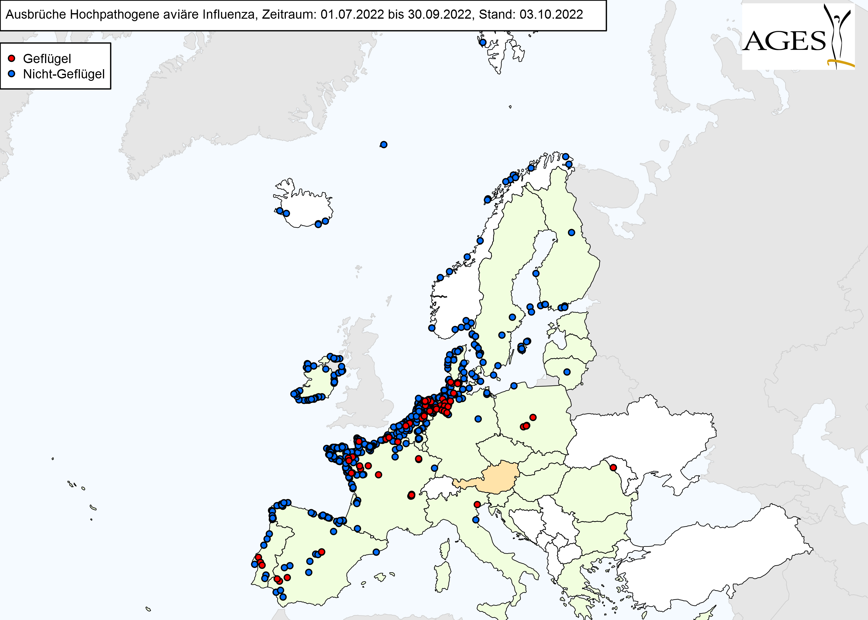 Europakarte zu HPAI-Fällen wie in "Situation in Europa" beschrieben.