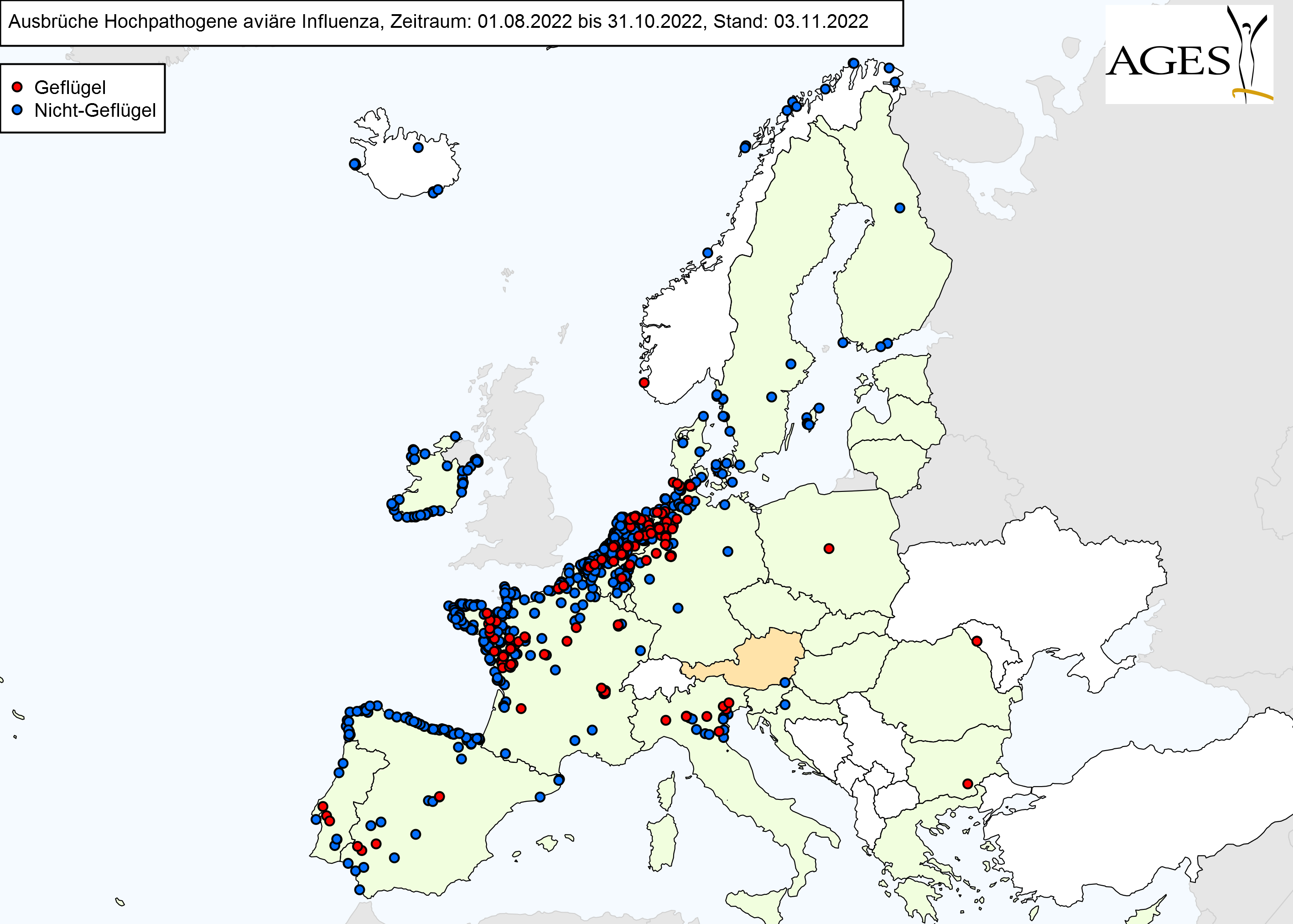 Europakarte zu HPAI-Fällen wie in "Situation in Europa" beschrieben.