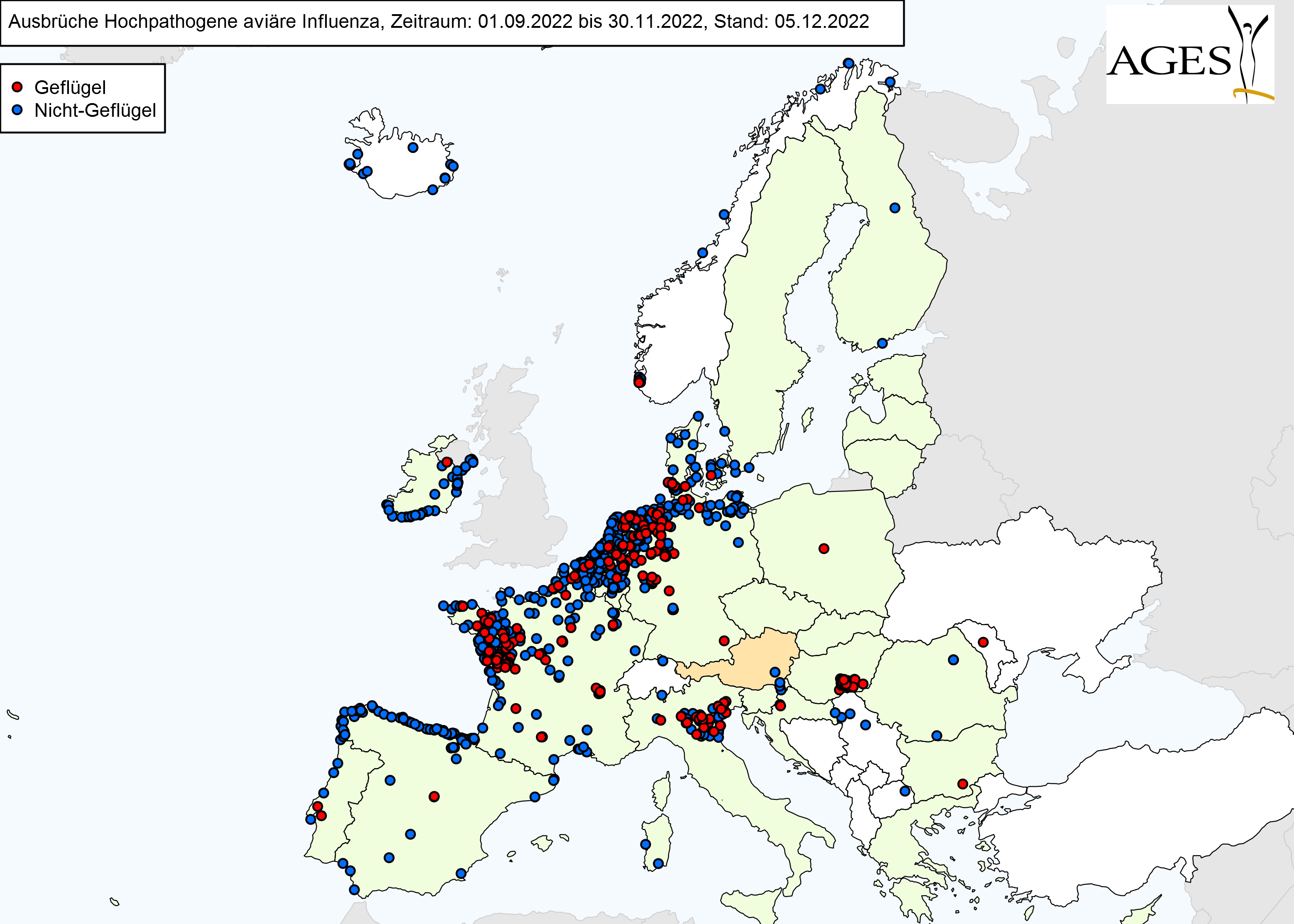 Europakarte zu HPAI-Fällen wie in "Situation in Europa" beschrieben.