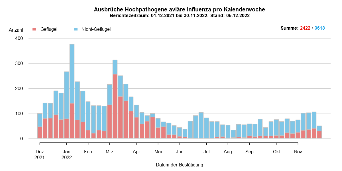 Verlaufsgrafik zu HPAI-Fällen in Europa: Im Zuge des Frühjahrzuges der Wildvögel im April und Mai 2021 wurden vermehrt Fälle bei Wildvögeln festgestellt. Auch in den Sommermonaten wurde durchgehend eine geringe Fallzahl von HPAI bei Nicht-Geflügel eingemeldet. Mit Beginn des Herbstzuges ab November 2021 kam es zu einem drastischen Anstieg der Fälle bei Wildvögeln mit steigenden Fallzahlen auch beim Hausgeflügel. Im Januar 2022 kam es zu einem erneuten starken Anstieg der Fälle, wobei hauptsächlich Wildvögel betroffen waren. Ab Februar sind die Fallzahlen wieder rückläufig, im März folgte ein starker Anstieg der Fallzahlen bei Geflügel durch zwei Cluster im Westen Frankreichs. Mit Beginn der Sommermonate 2022 sinken die Ausbruchszahlen in Europa stark. Das Seuchengeschehen kommt jedoch nicht ganz zum Erliegen und Ende Juni steigt die Zahl der gemeldeten Ausbrüche wieder leicht.