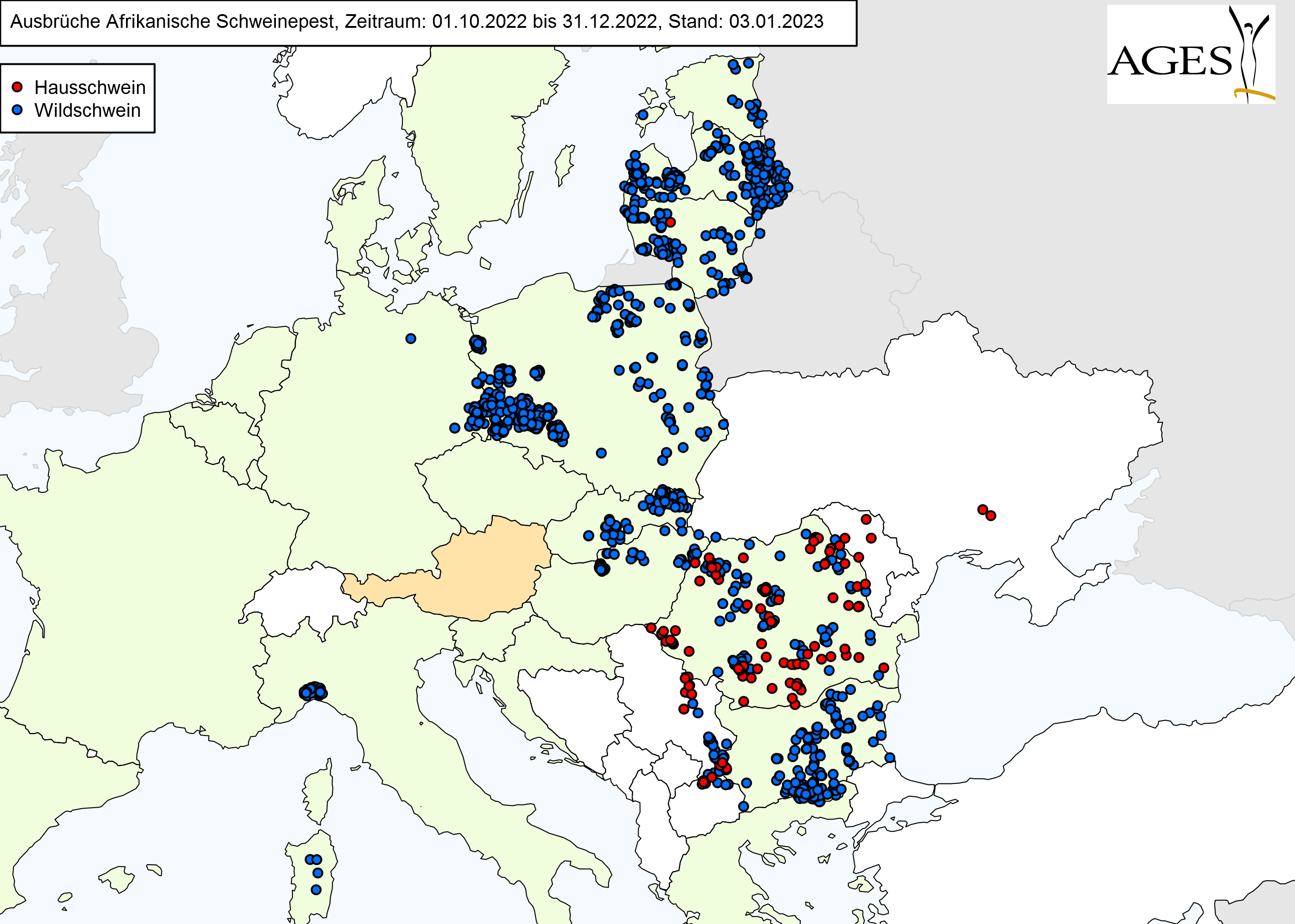 Europakarte zu ASP-Ausbrüche wie in "Situation in Europa" beschrieben.