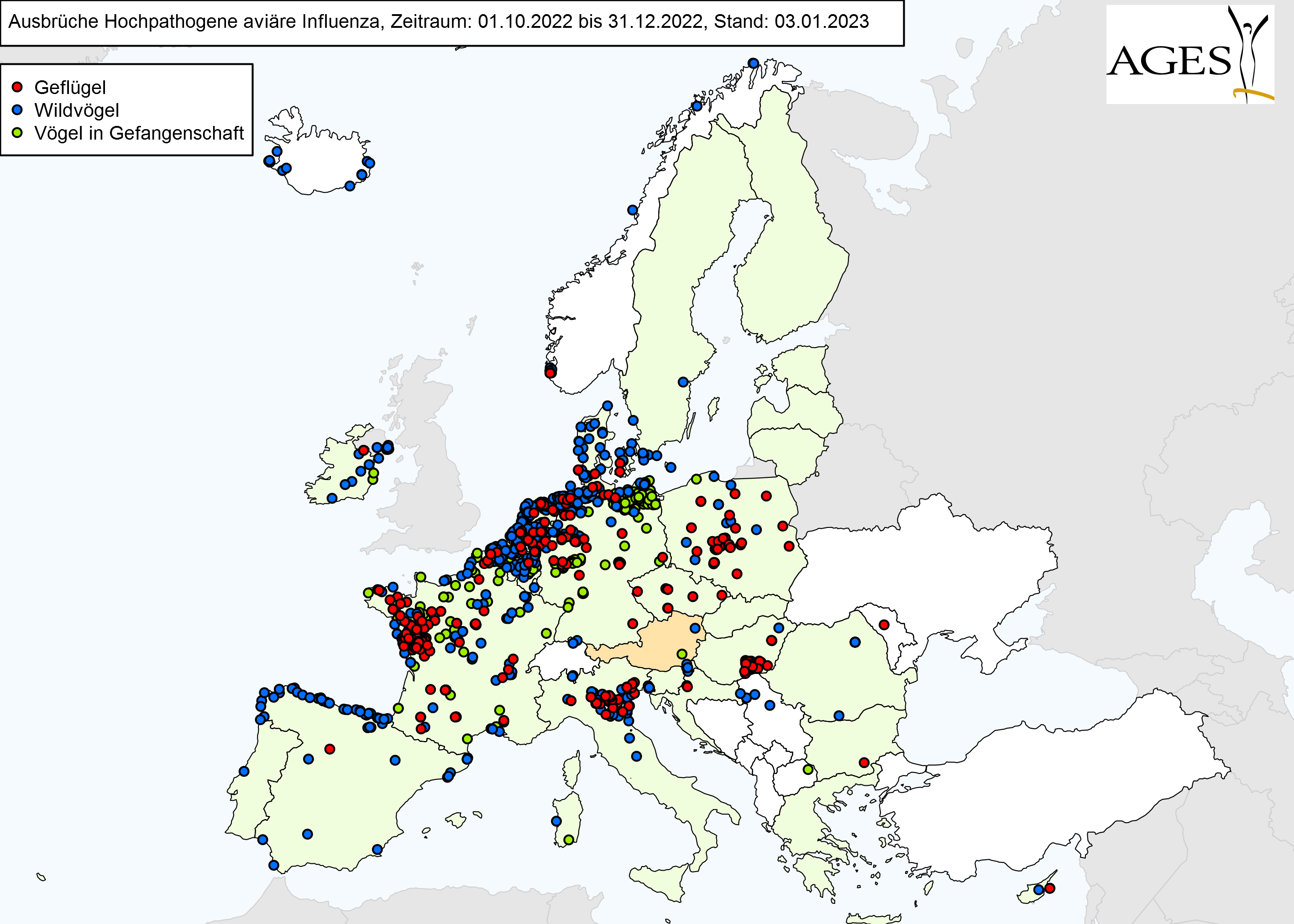 Europakarte zu HPAI-Fällen wie in "Situation in Europa" beschrieben.