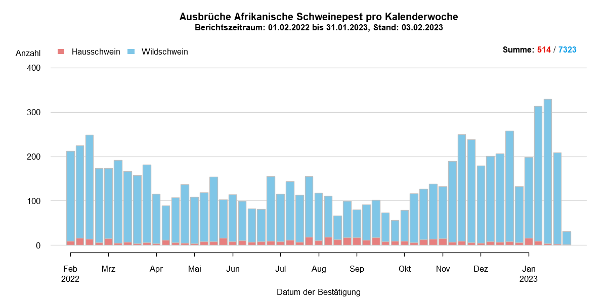 Verlaufsgrafik zu ASP-Ausbrüche in Europa: Die Anzahl der gemeldeten ASP-Fälle beim Wildschwein stieg in den kälteren Wintermonaten, während die Zahl der Fälle bei Hausschweinen in den Sommermonaten, ab Juli/August, anstieg. Im Januar ist die Anzahl der ASP-Fälle bei Wildschweinen gestiegen . Eine Detailbeschreibung finden Sie im Kapitel "Situation in Europa" und im Kapitel "Kommentar".