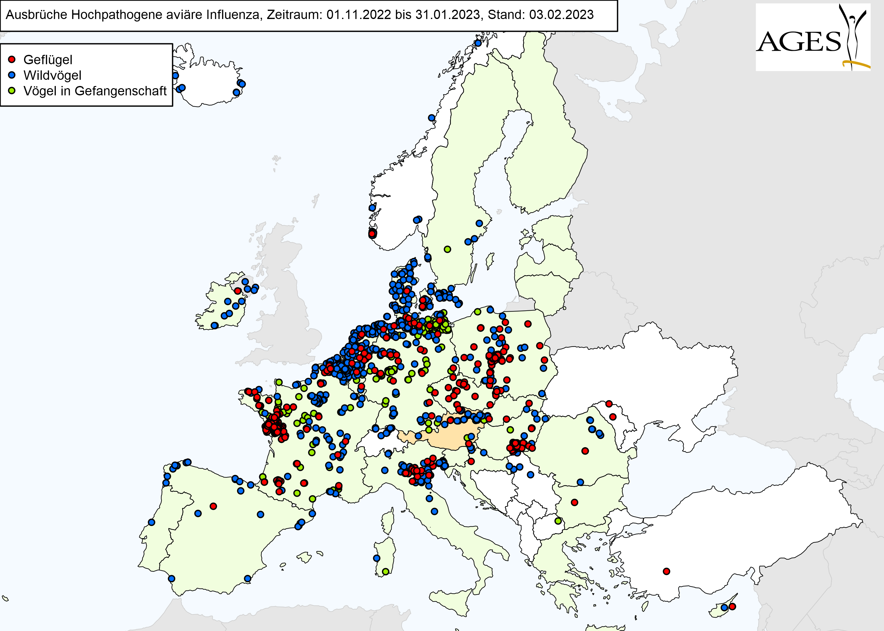 Europakarte zu HPAI-Fällen wie in "Situation in Europa" beschrieben.