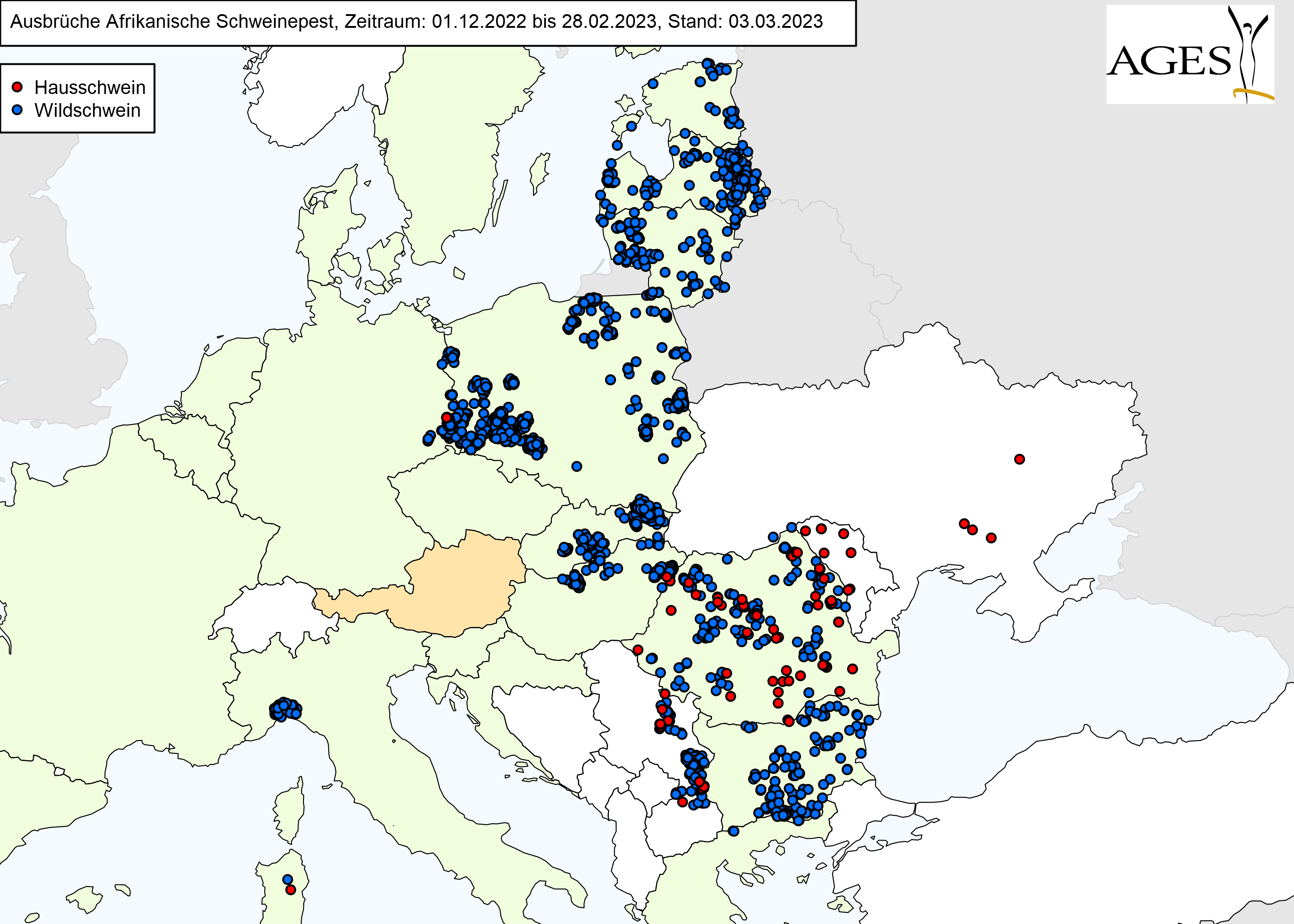 Europakarte zu ASP-Ausbrüche wie in "Situation in Europa" beschrieben.