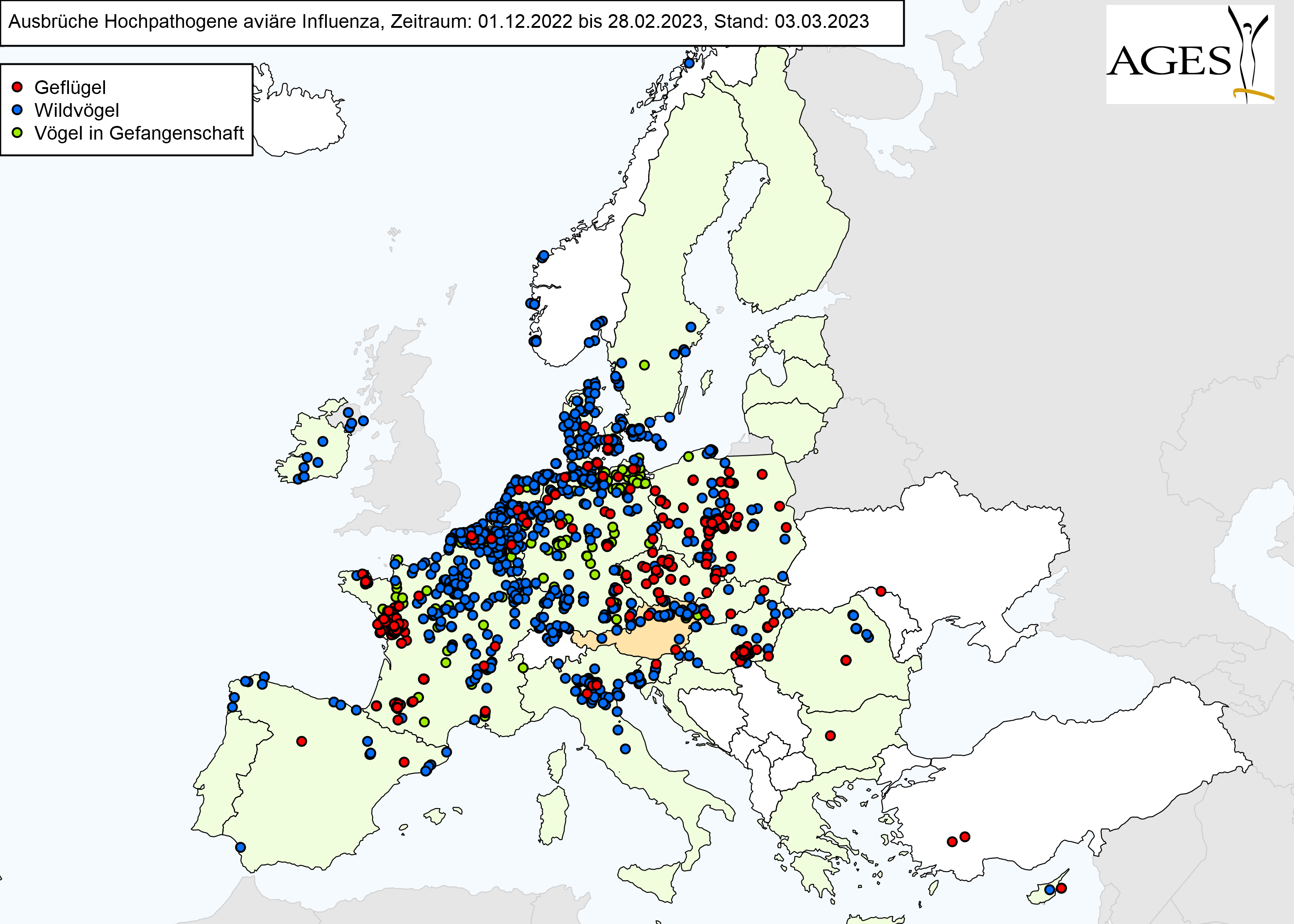 Europakarte zu HPAI-Fällen wie in "Situation in Europa" beschrieben.