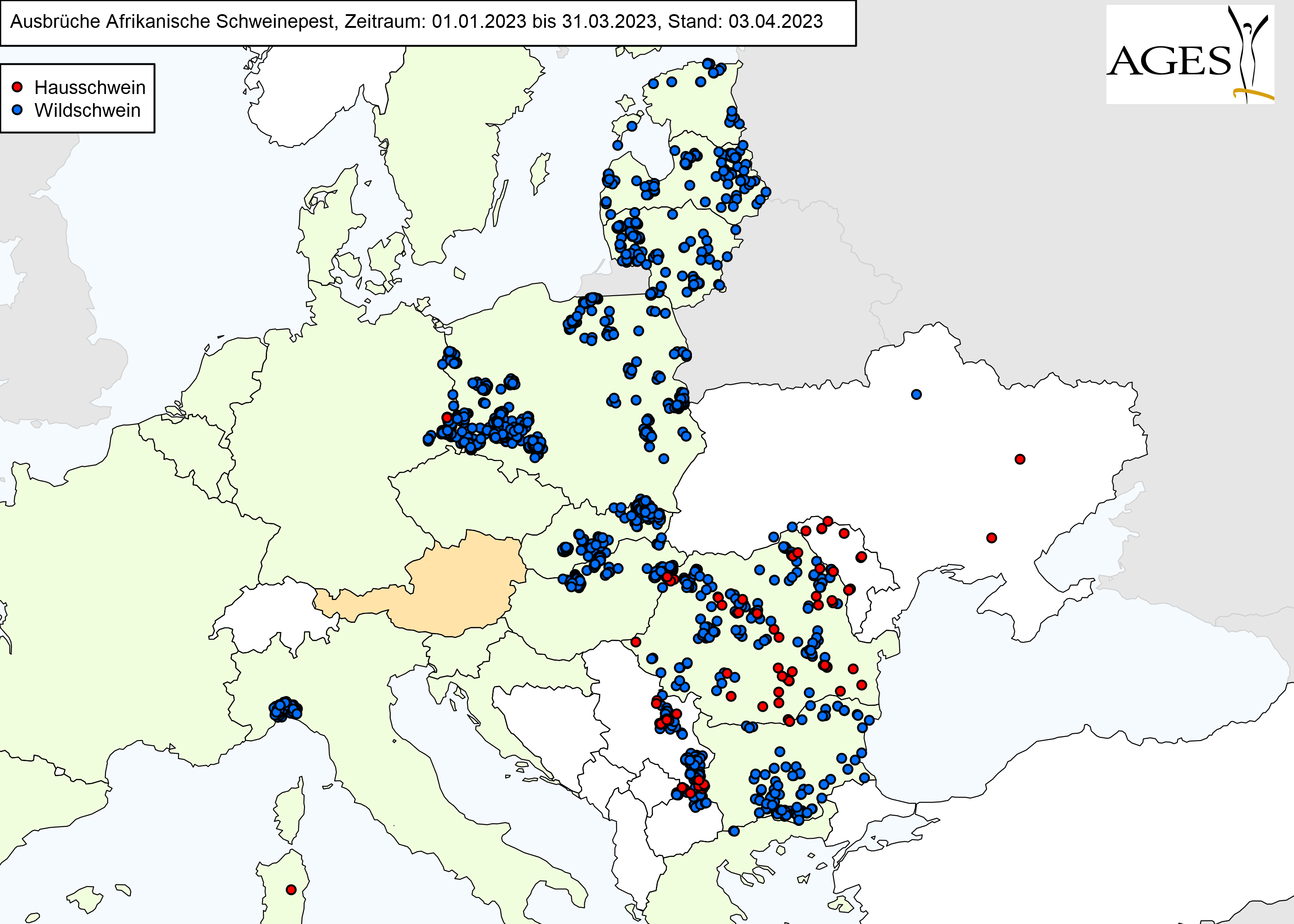 Europakarte zu ASP-Ausbrüche wie in "Situation in Europa" beschrieben.