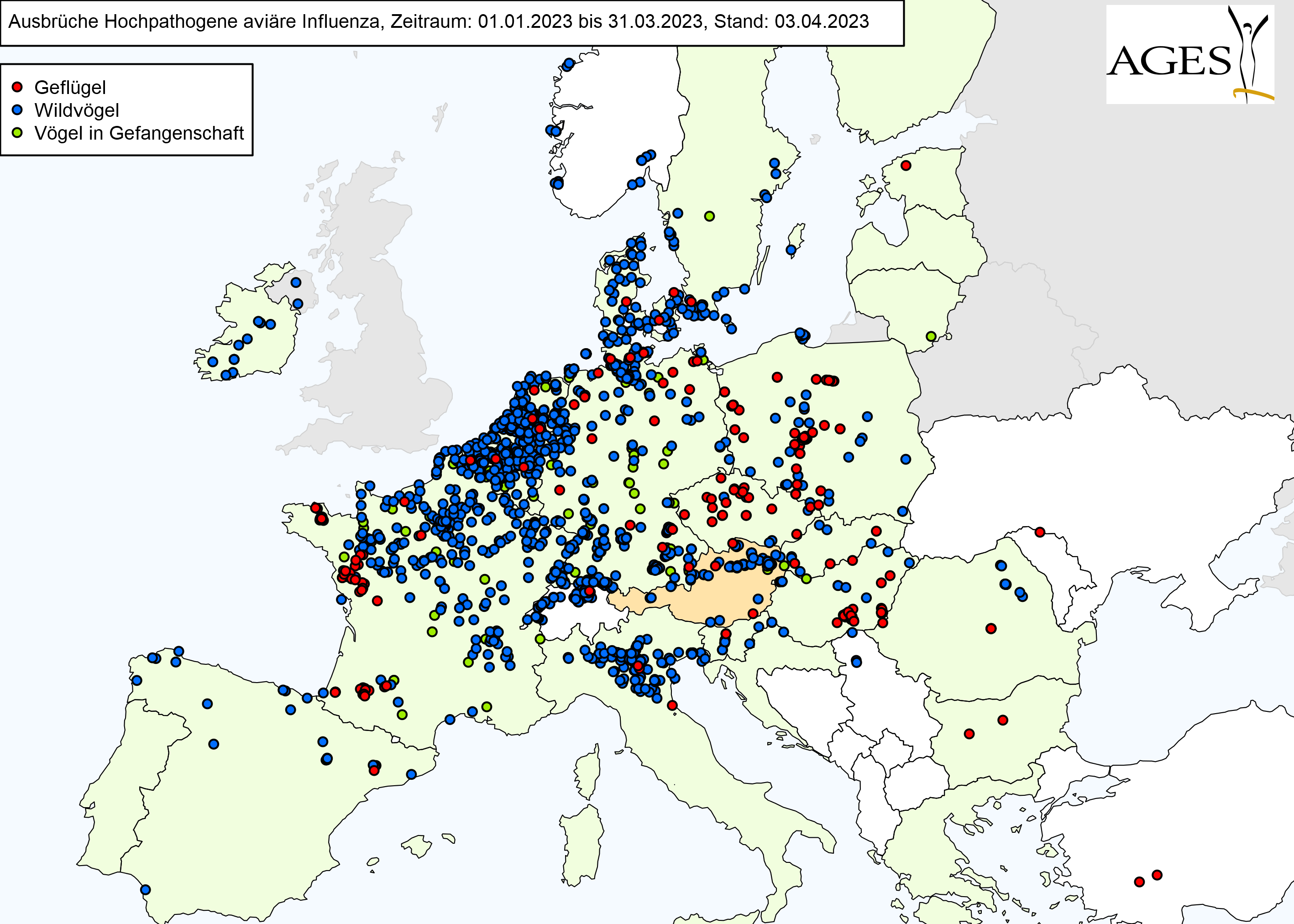 Europakarte zu HPAI-Fällen wie in "Situation in Europa" beschrieben.