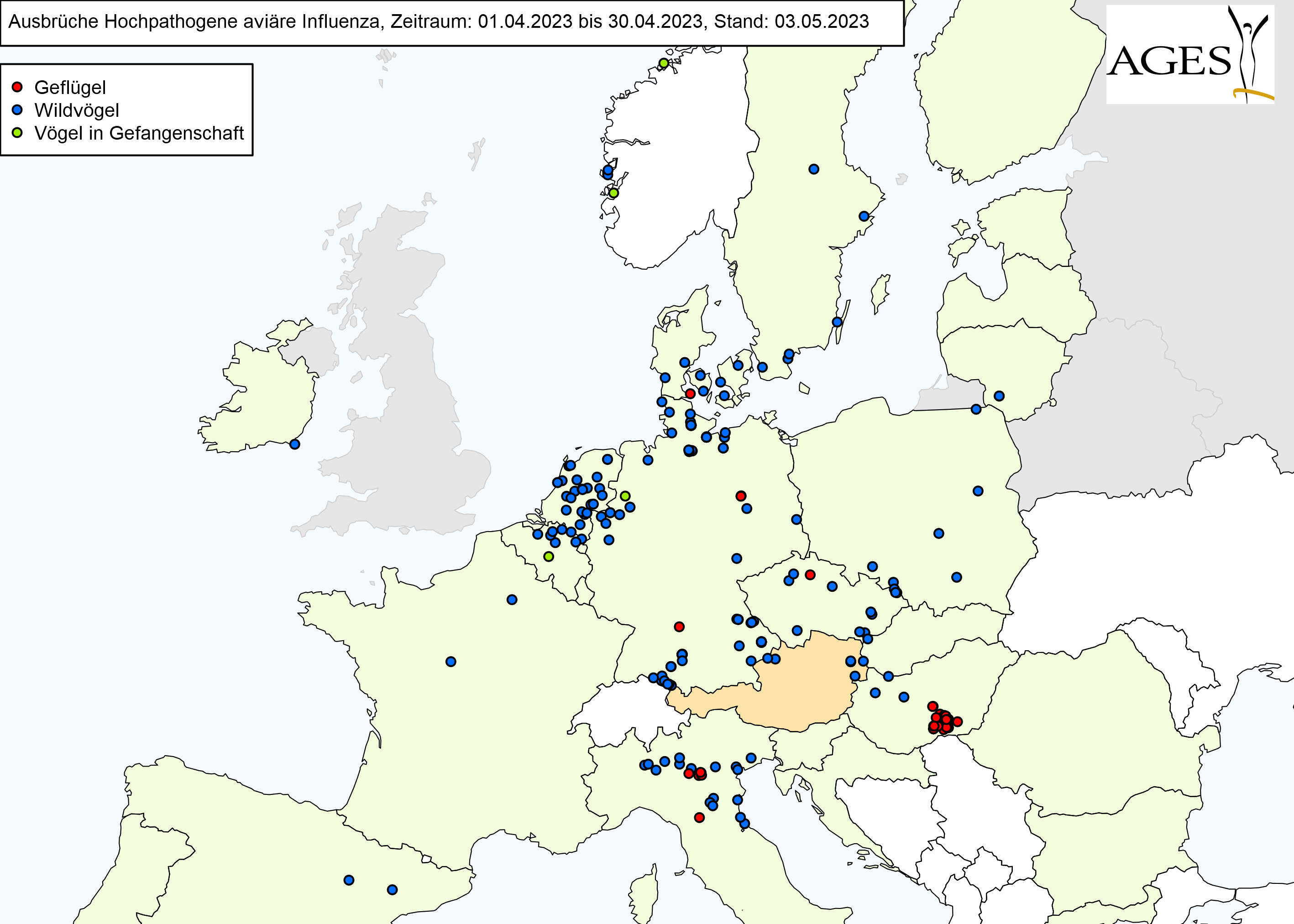 Europakarte zu HPAI-Fällen wie in "Situation in Europa" beschrieben.