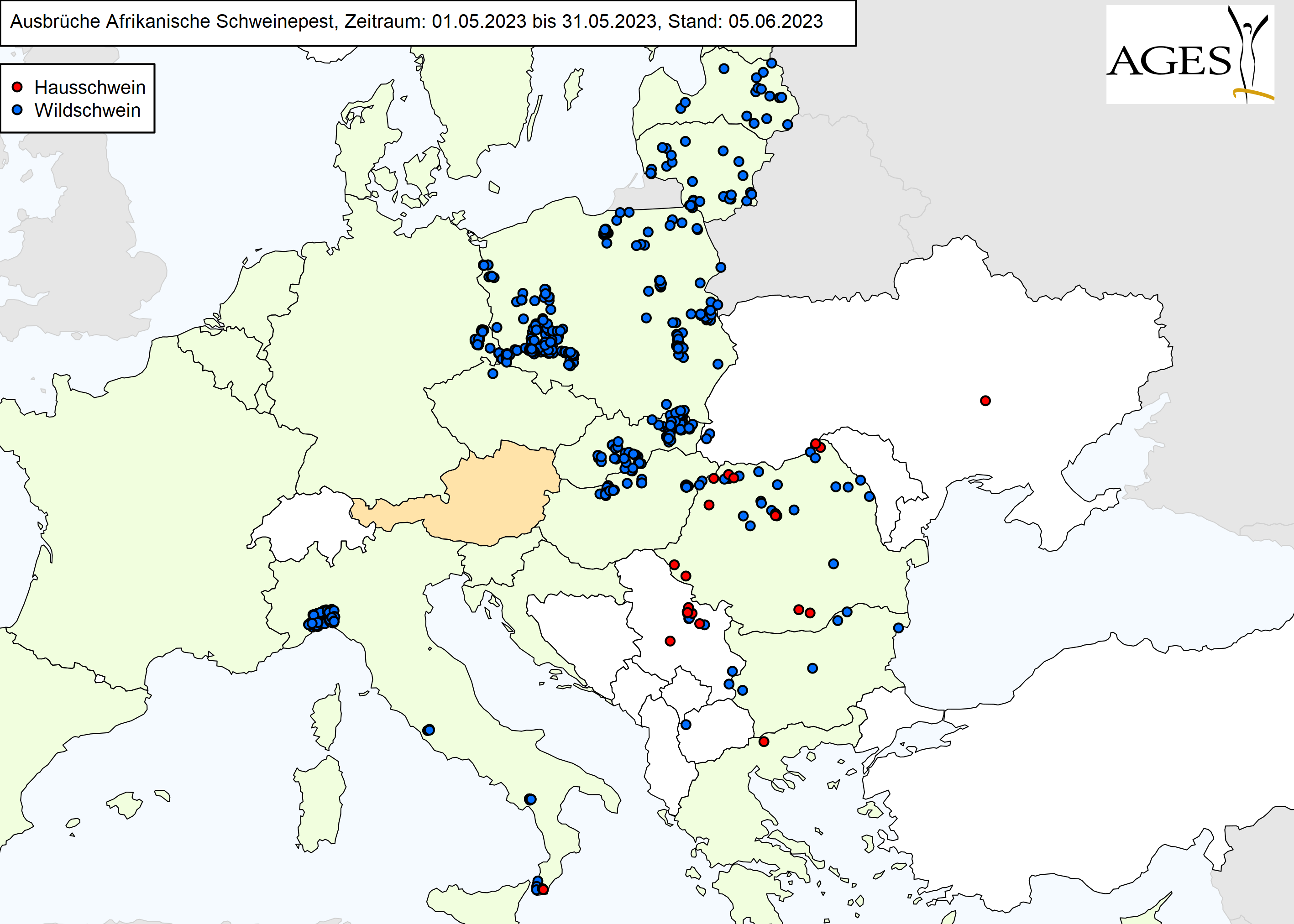 Europakarte zu ASP-Ausbrüche wie in "Situation in Europa" beschrieben.