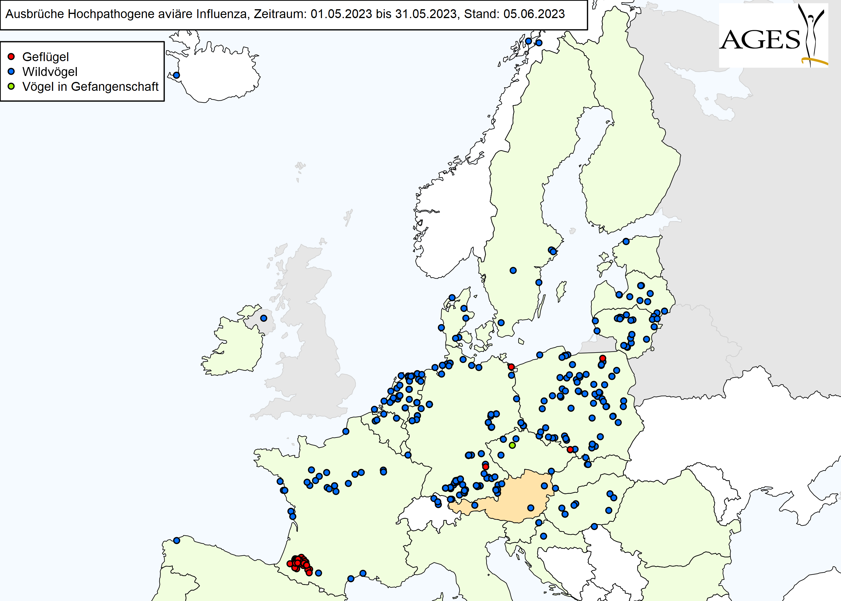 Europakarte zu HPAI-Fällen wie in "Situation in Europa" beschrieben.