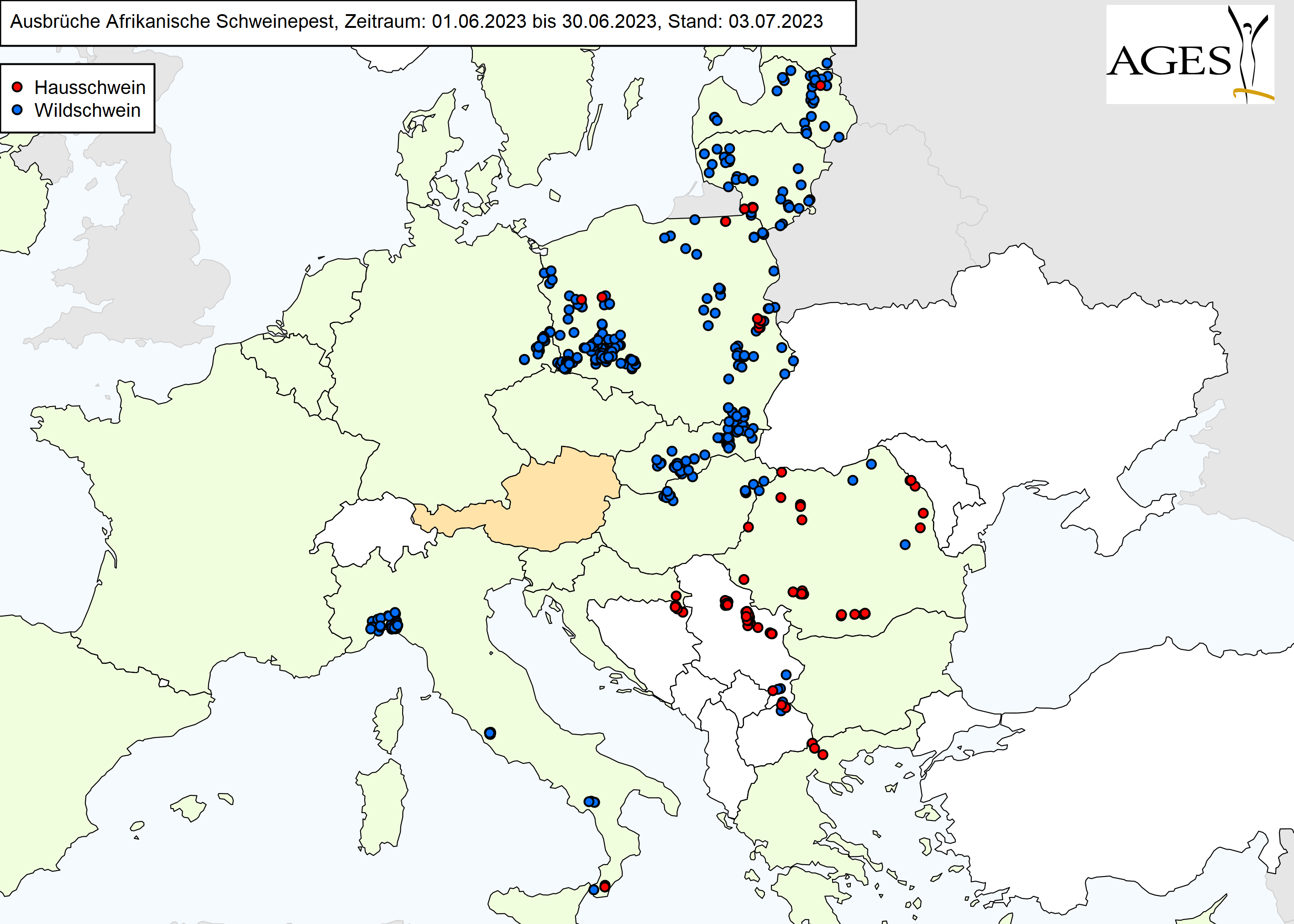 Europakarte zu ASP-Ausbrüche wie in "Situation in Europa" beschrieben.