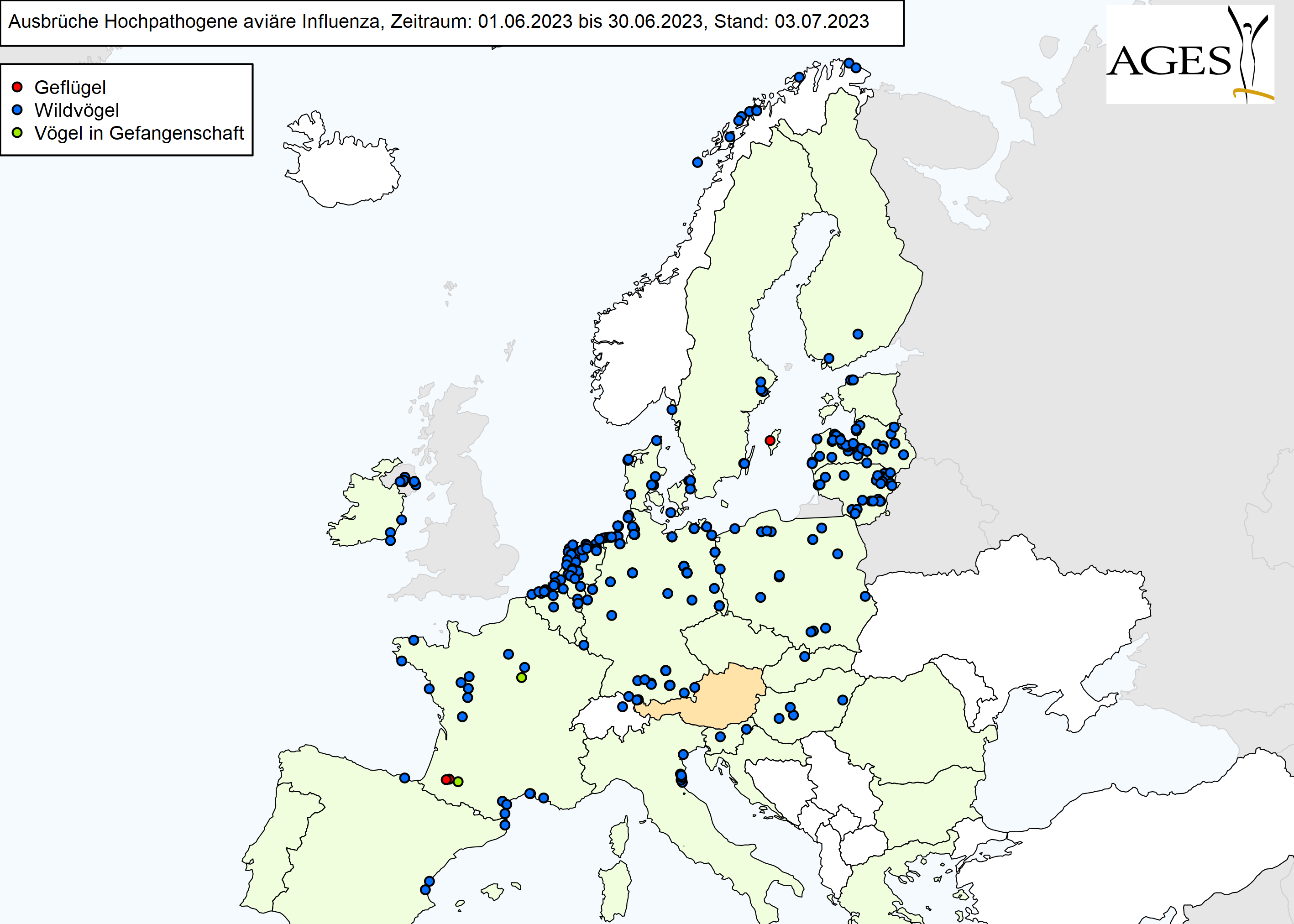 Europakarte zu HPAI-Fällen wie in "Situation in Europa" beschrieben.