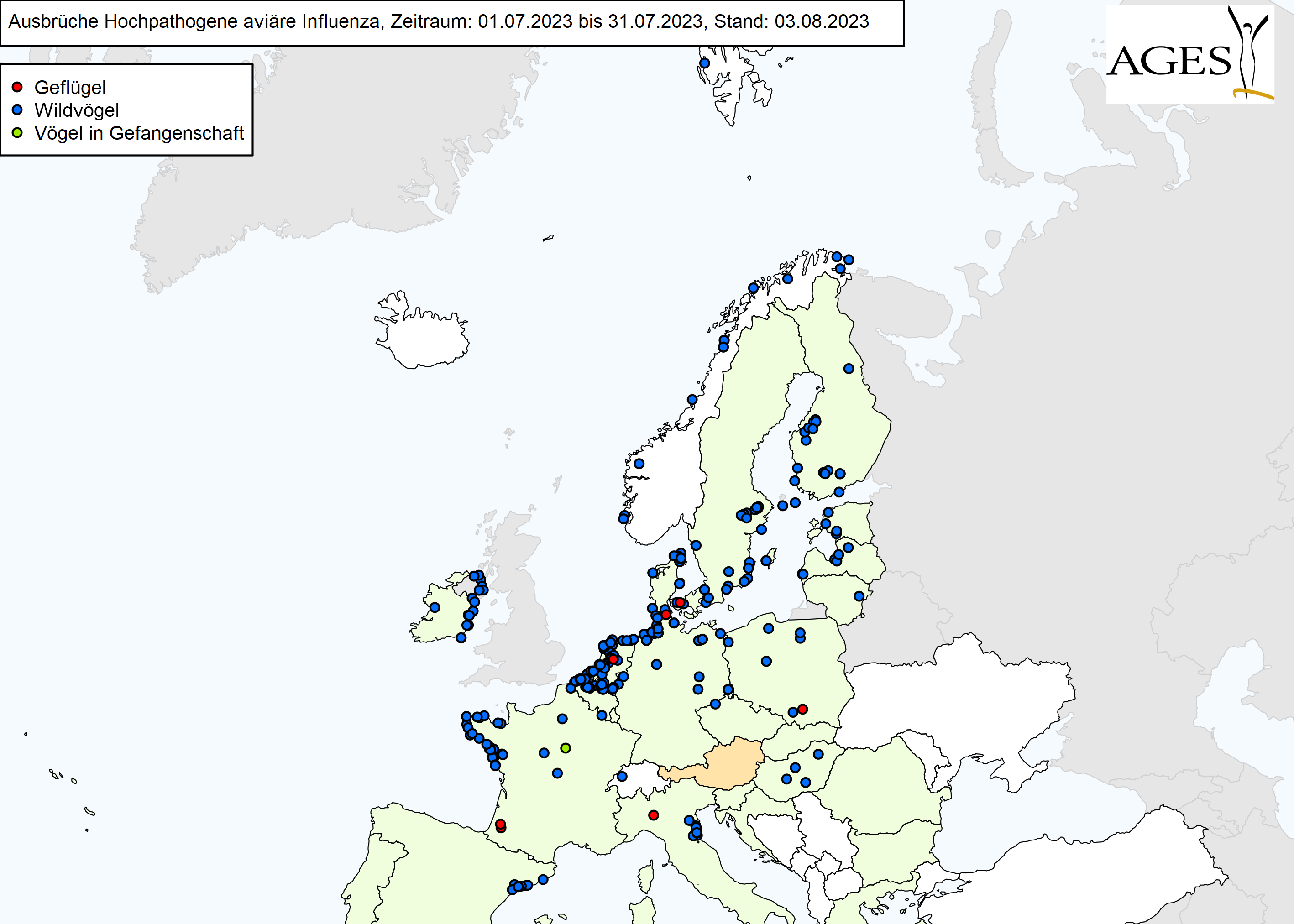 Europakarte zu HPAI-Fällen wie in "Situation in Europa" beschrieben.