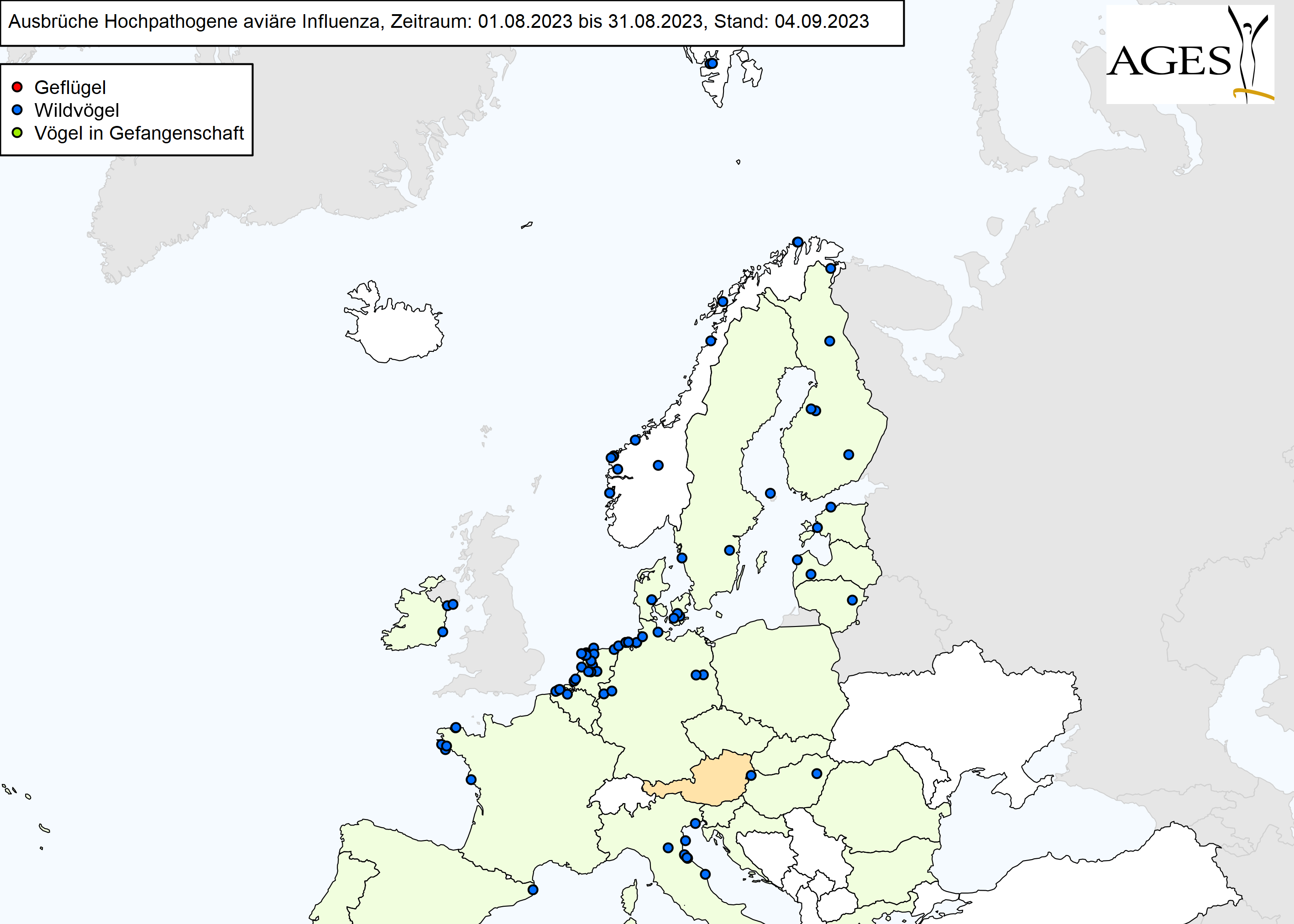 Europakarte zu HPAI-Fällen wie in "Situation in Europa" beschrieben.