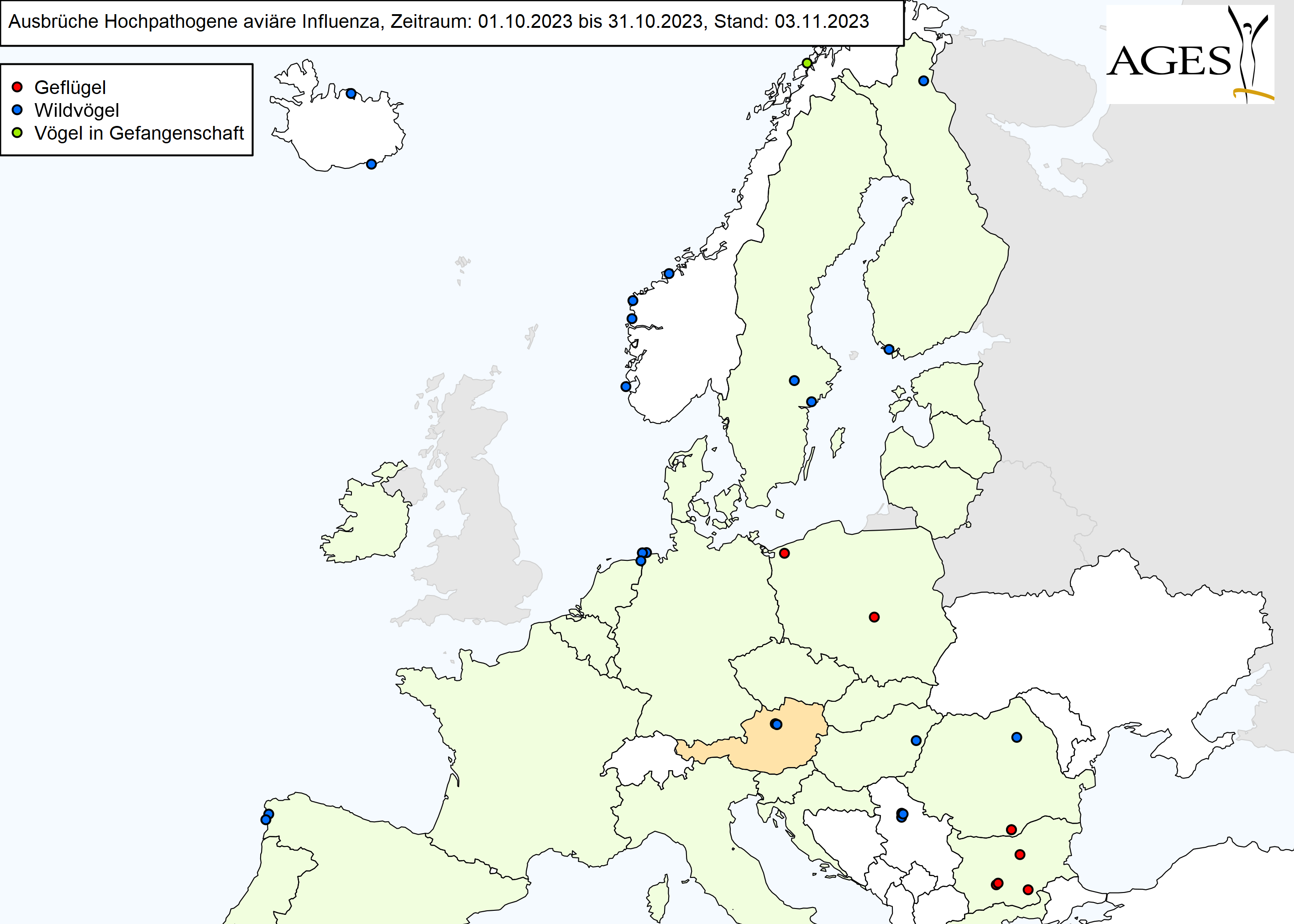 Europakarte zu HPAI-Ausbrüchen wie in "Situation in Europa" beschrieben.