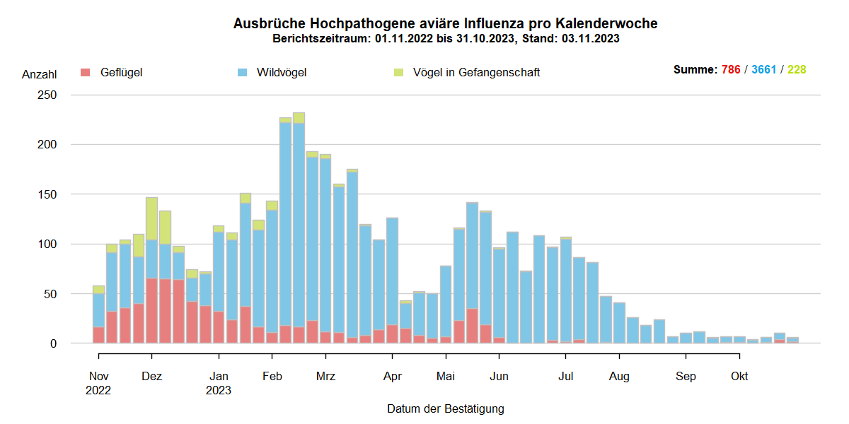 Verlaufsgrafik zu HPAI-Ausbrüchen in Europa: mit Beginn der HPAI-Saison 2022/2023 steigen im Oktober 2022 die Ausbruchszahlen an. Vermehrt sind auch Geflügelbestände und Vögel in Gefangenschaft in Europa betroffen. Im Frühjahr 2023 steigen die Ausbruchszahlen bei Wildvögeln bis April weiter stark an, während Geflügel und Vögel in Gefangenschaft nur noch selten betroffen sind. In den Sommermonaten 2023 kommt es aufgrund von Massenstreben in Brutkolonien von Seevögeln (Lachmöwen und Flussseeschwalben) zu einem erneuten starken Anstieg der Ausbrüche bei Wildvögeln. Bis zum September 2023 sinkt die Zahl dieser Ausbrüche auf wenige Meldungen, bei Geflügel und Vögeln in Gefangenschaft kommt das Seuchengeschehen fast gänzlich zum Erliegen.