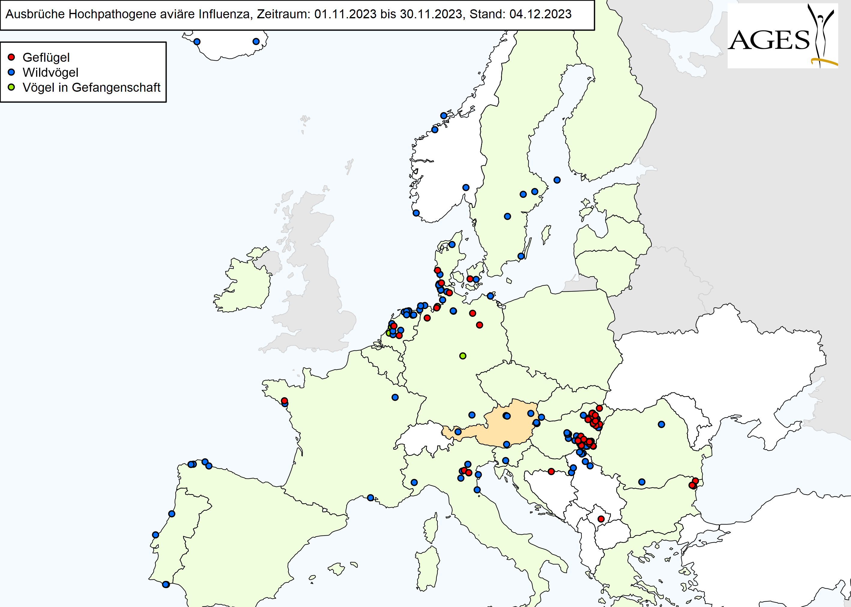 Europakarte zu HPAI-Ausbrüchen wie in "Situation in Europa" beschrieben.