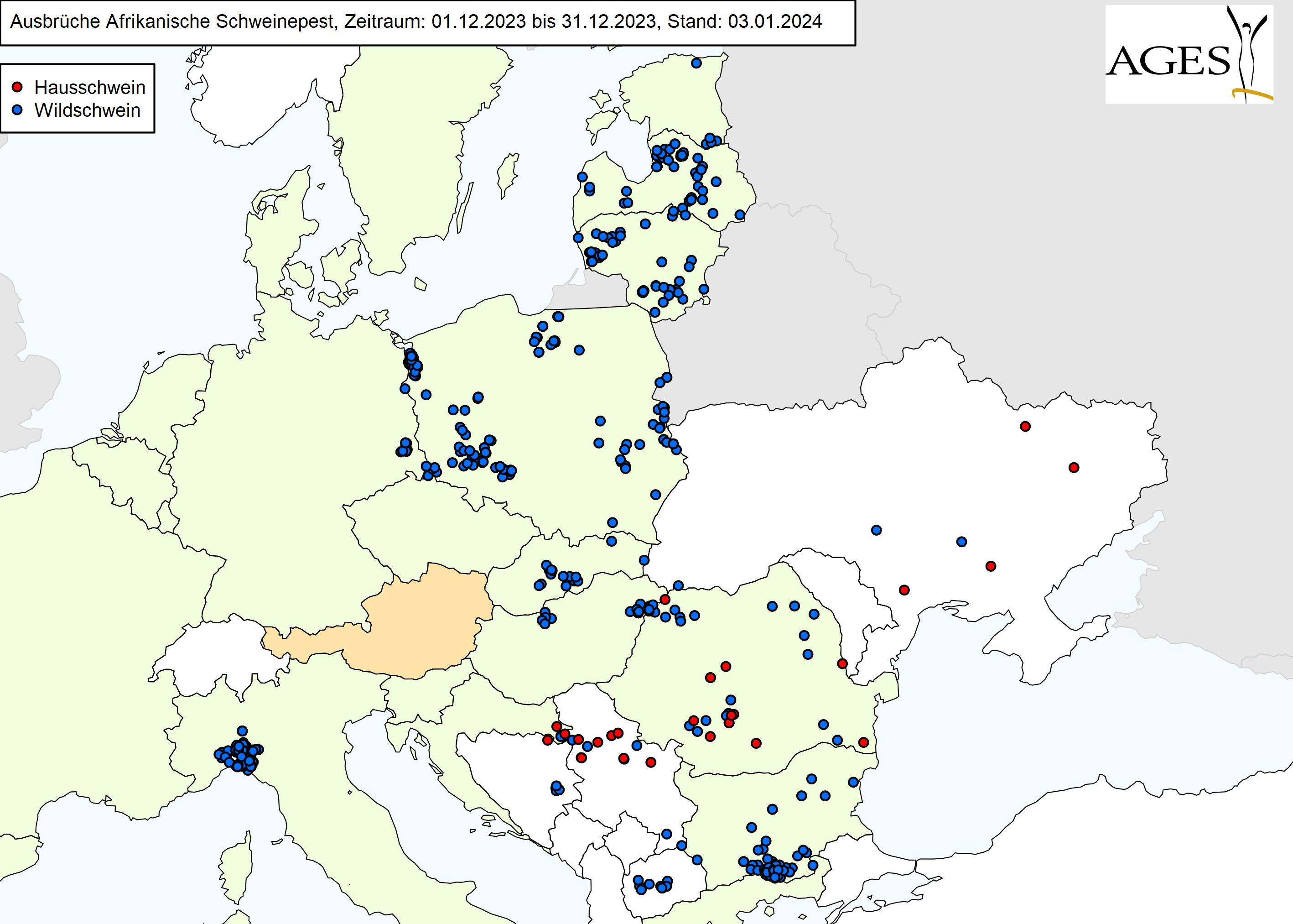 Europakarte zu ASP-Ausbrüche wie in "Situation in Europa" beschrieben.