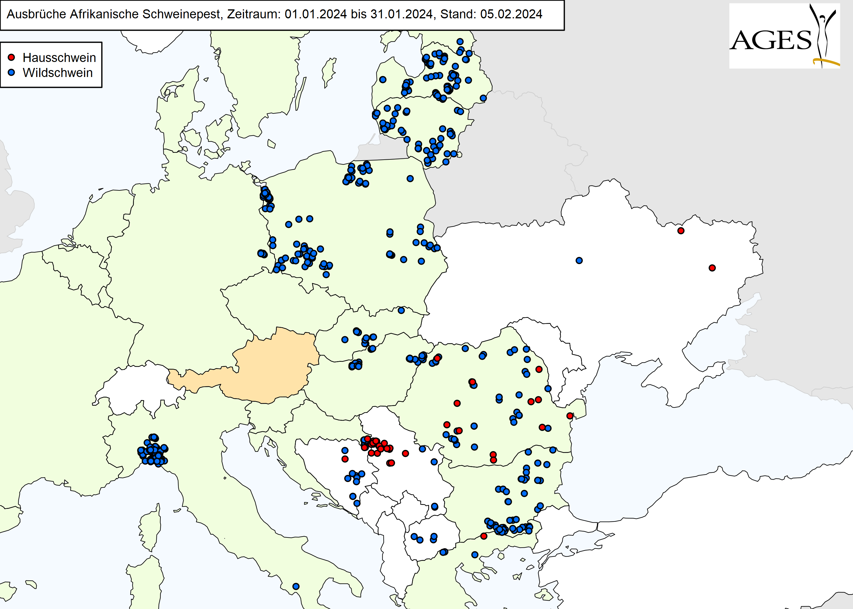 Europakarte zu ASP-Ausbrüche wie in "Situation in Europa" beschrieben.