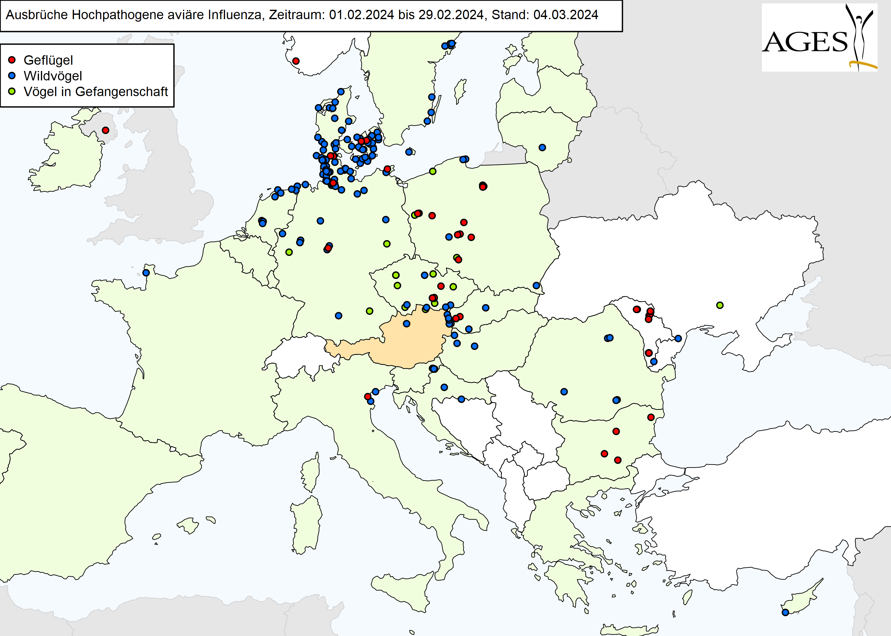 Europakarte zu HPAI-Ausbrüchen wie in "Situation in Europa" beschrieben.