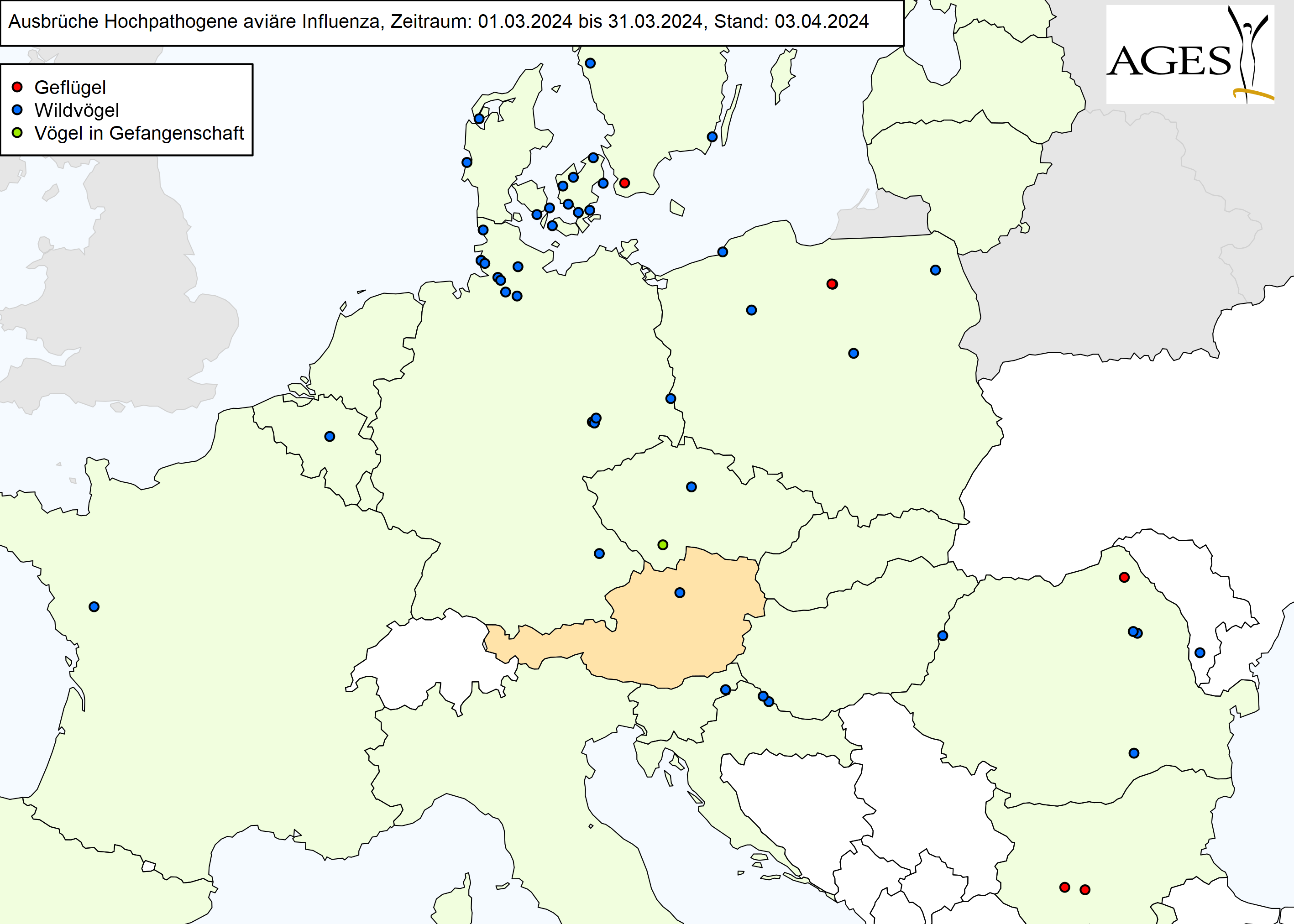 Europakarte zu HPAI-Ausbrüchen wie in "Situation in Europa" beschrieben.