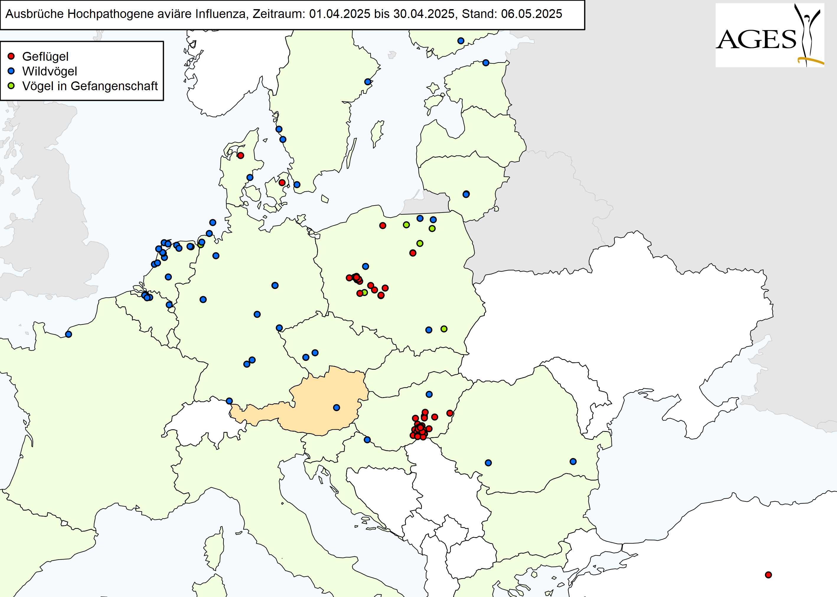 Europakarte zu HPAI-Ausbrüchen wie in "Situation in Europa" beschrieben.