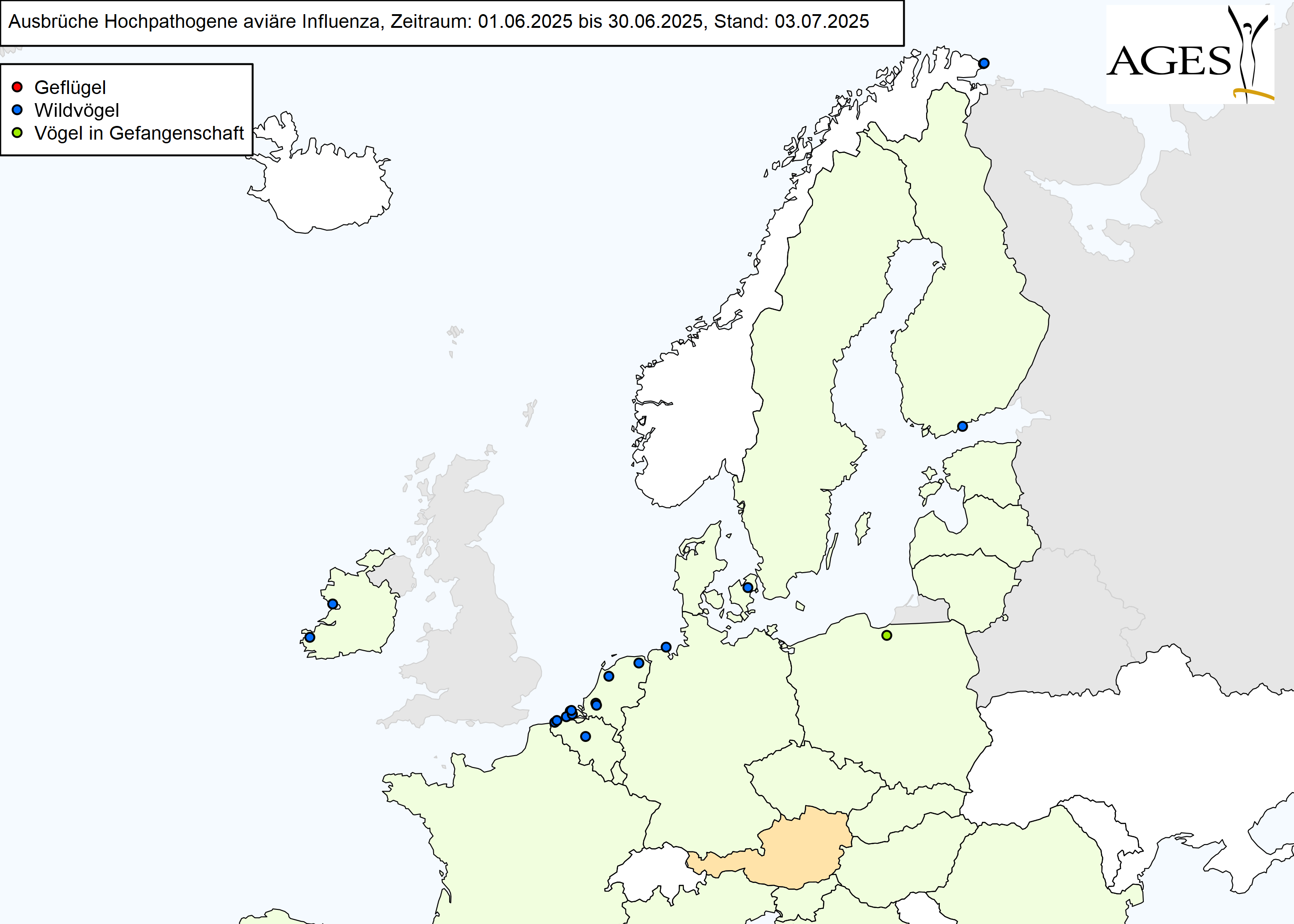 Europakarte mit eingezeichneten HPAI-Ausbrüchen wie in "Situation in Europa" beschrieben.