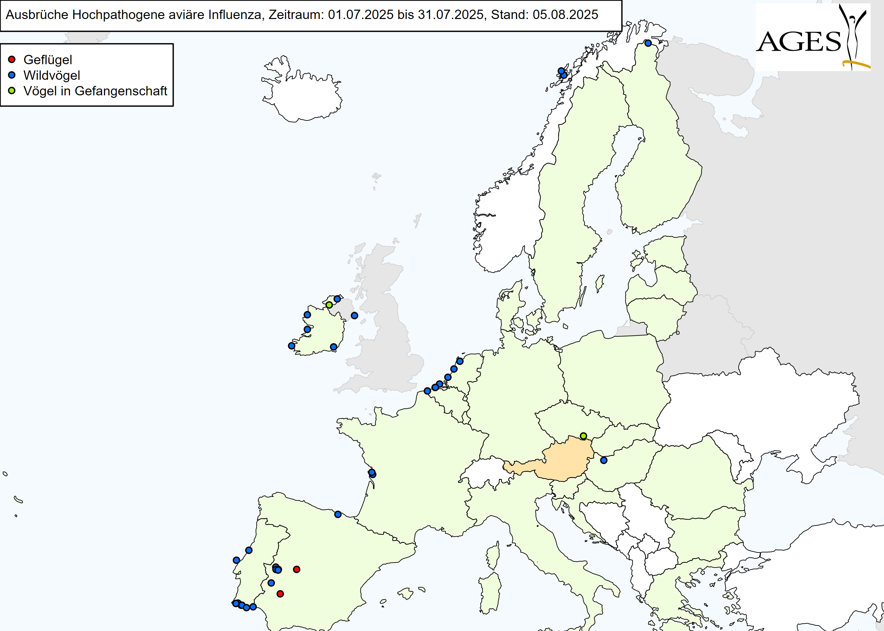 Europakarte mit eingezeichneten HPAI-Ausbrüchen wie in "Situation in Europa" beschrieben.