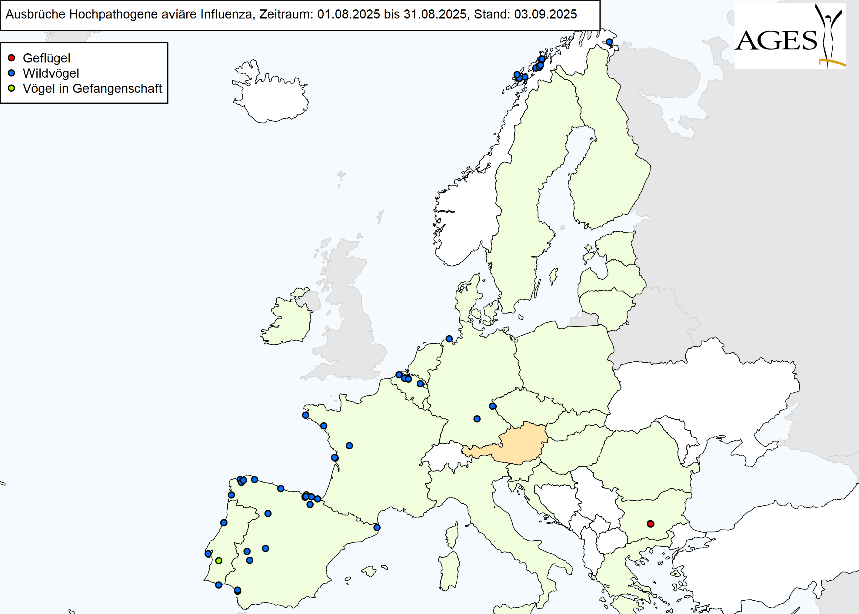 Europakarte mit eingezeichneten HPAI-Ausbrüchen wie in "Situation in Europa" beschrieben.