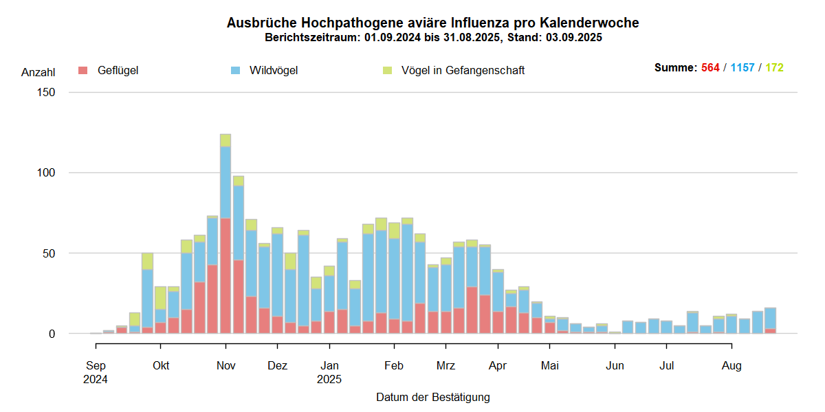 Verlaufsgrafik zu HPAI-Ausbrüchen in Europa: mit Beginn der HPAI-Saison 2024/2025 steigen im Oktober 2024 die Ausbruchszahlen an. Vermehrt sind auch Geflügelbestände und Vögel in Gefangenschaft in Europa betroffen. Die Ausbruchszahlen sinken mit Ende des Winters deutlich. Aktuell sind Geflügelbestände in Europ nicht betroffen, nur eine Haltung von Vögeln in Gefangenschaft. Auch Wildvögel sind vergleichsweise wenig betroffen.