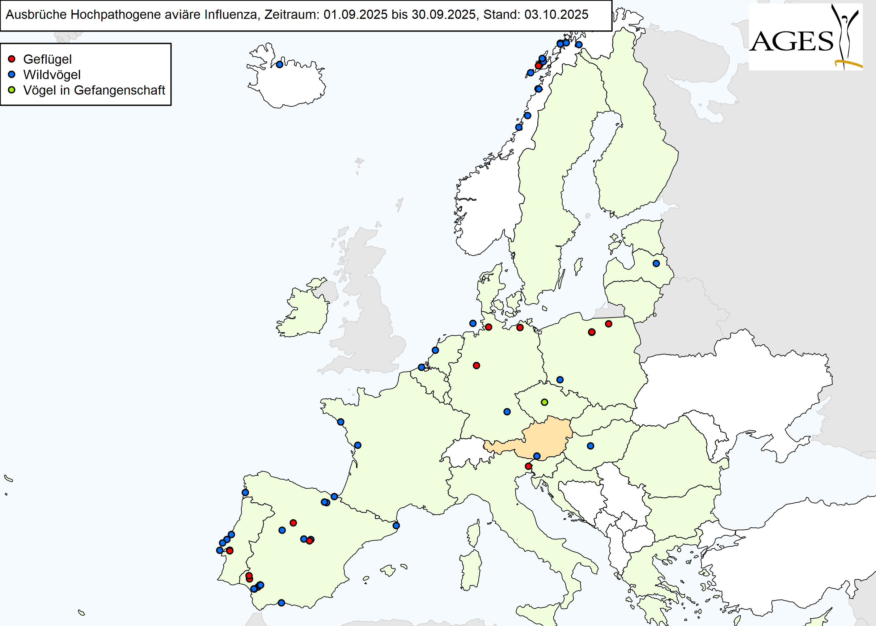 Europakarte mit eingezeichneten HPAI-Ausbrüchen wie in "Situation in Europa" beschrieben.