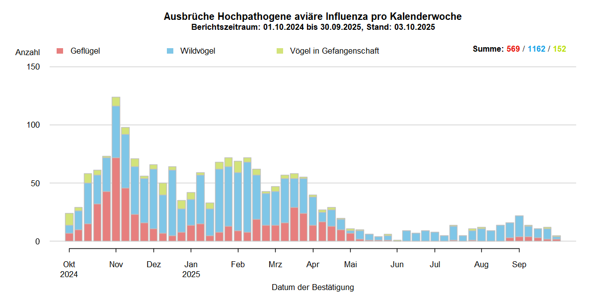 Verlaufsgrafik der letzten zwölf Monate zu HPAI-Ausbrüchen in Europa: In den Sommermonaten nur wenige Ausbrüche in Europa. Mit Beginn der HPAI-Saison 2025/2026 steigen im September 2025 die Ausbruchszahlen bei Wildvögeln an. Vermehrt sind auch Geflügelbestände und Vögel in Gefangenschaft in Europa betroffen.