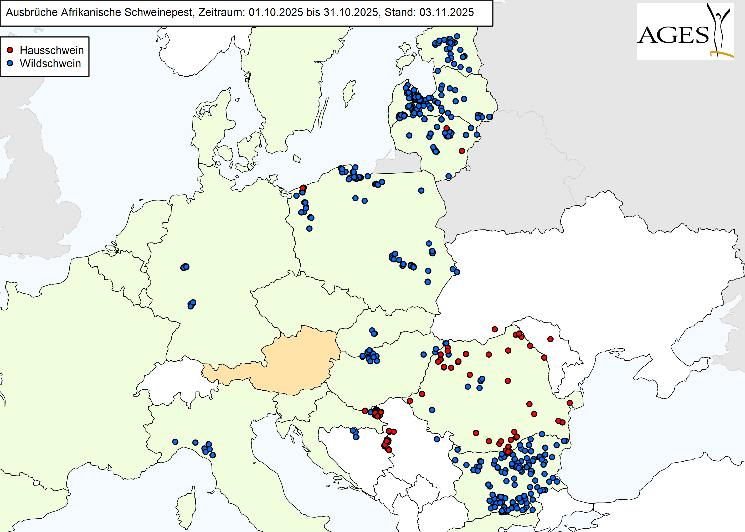 Europakarte zu ASP-Ausbrüche wie in "Situation in Europa" beschrieben.