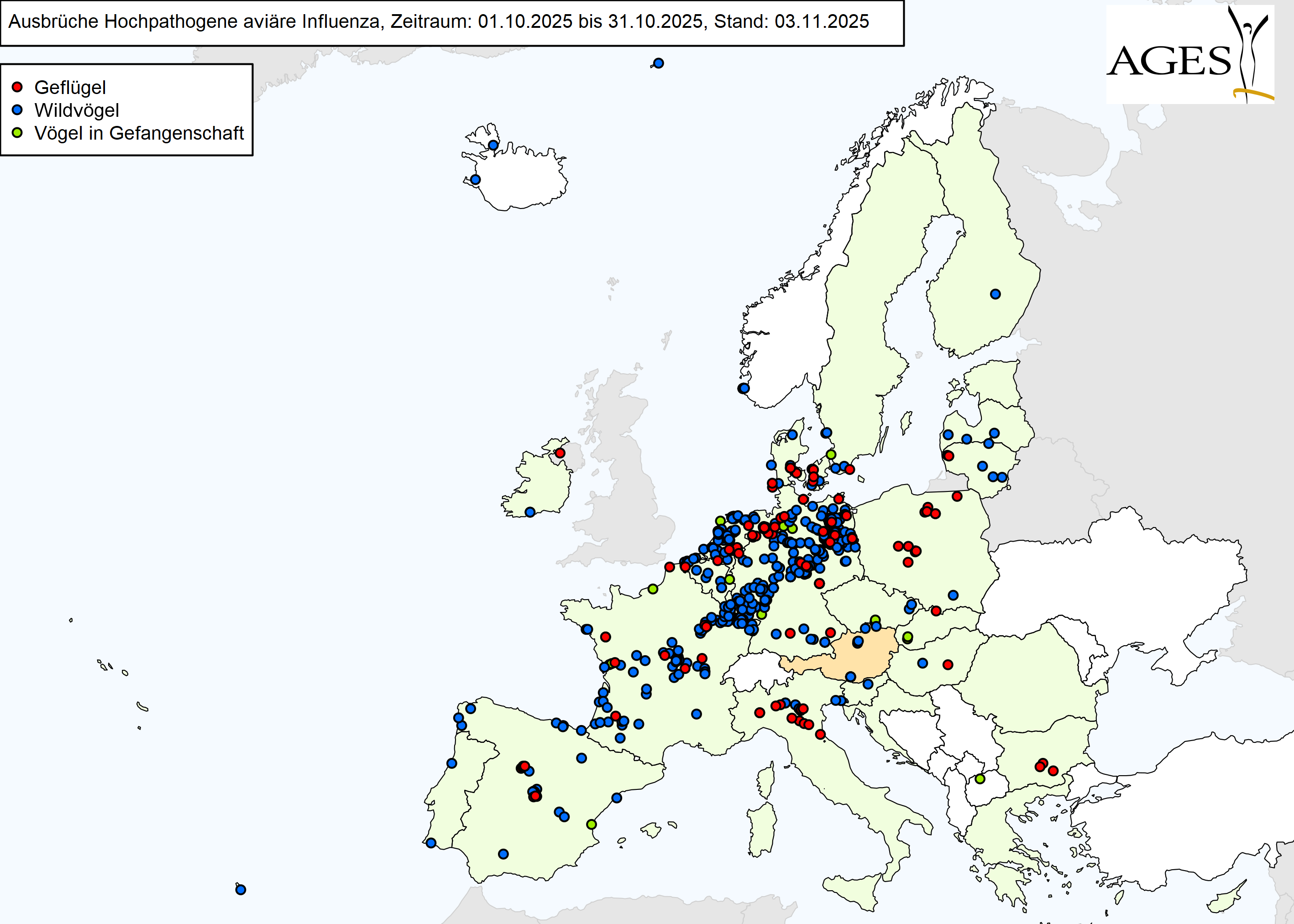 Europakarte mit eingezeichneten HPAI-Ausbrüchen wie in "Situation in Europa" beschrieben.